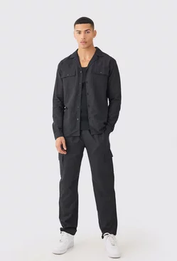 Black Long Sleeve Linen Cargo Shirt & Trouser