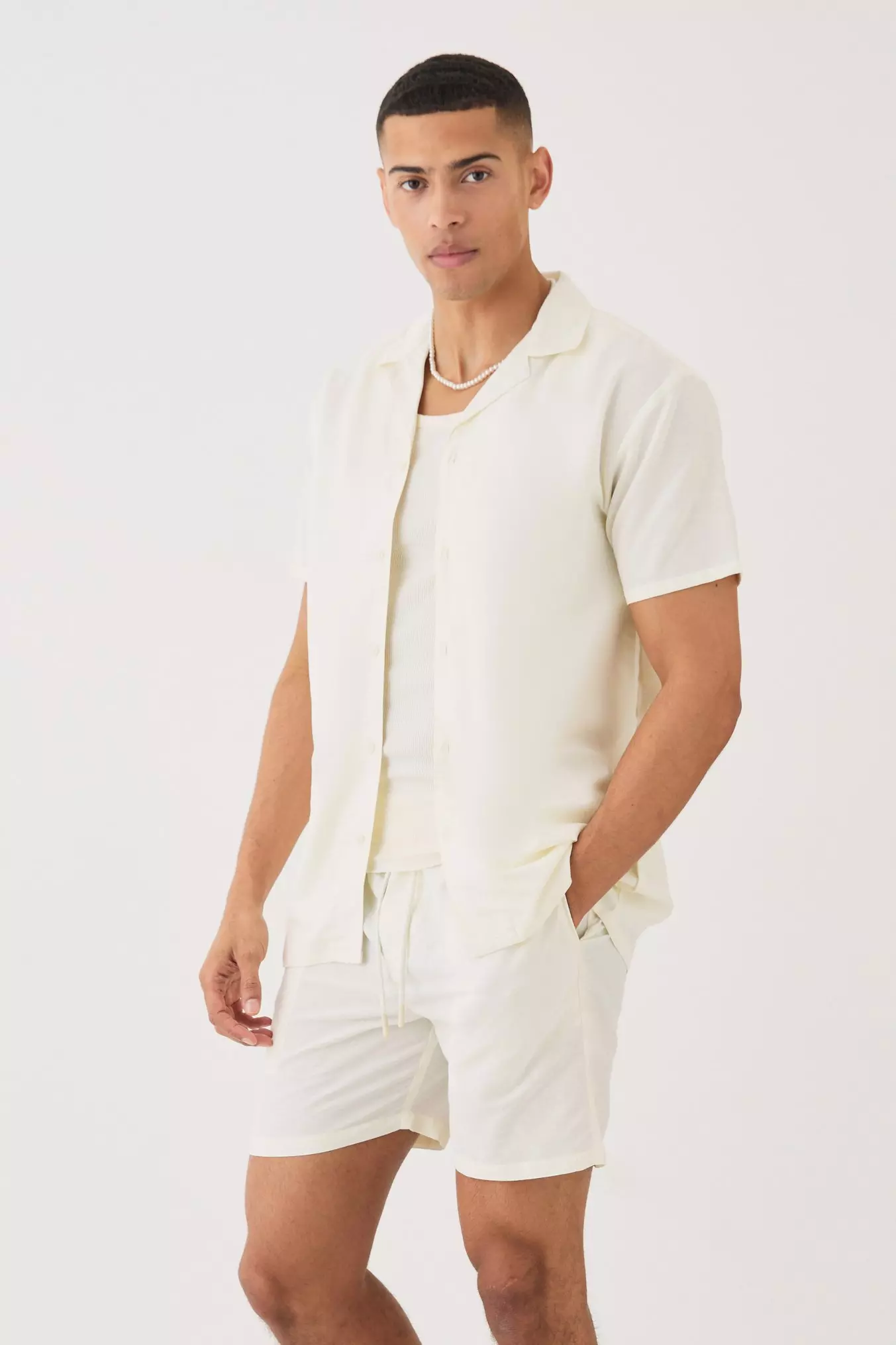 Short Sleeve Linen Shirt & Short Set Ecru