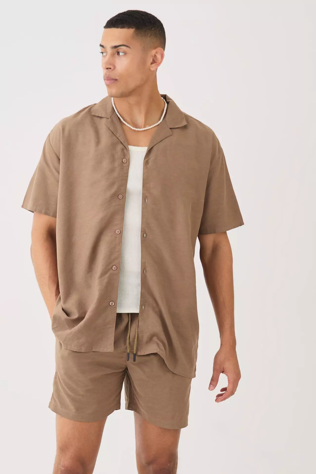Brown Short Sleeve Oversized Linen Blend Shirt & Short Set alternative image