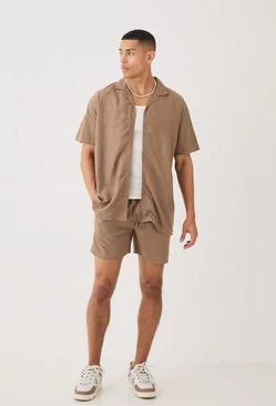 Brown Short Sleeve Oversized Linen Shirt & Short