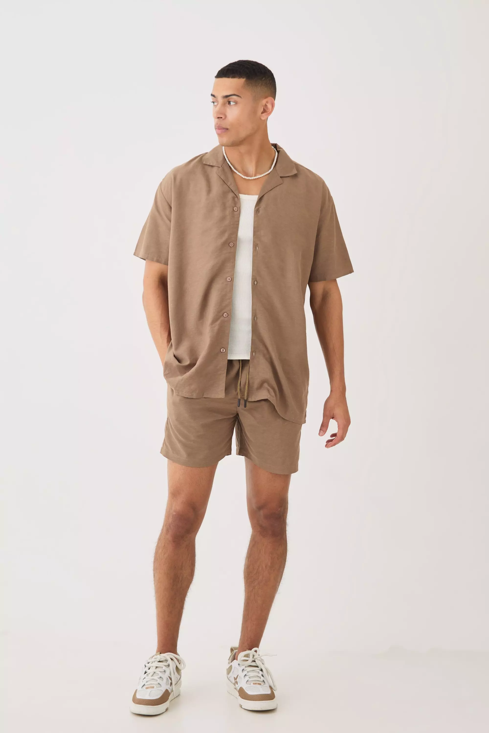 Short Sleeve Oversized Linen Shirt & Short Brown