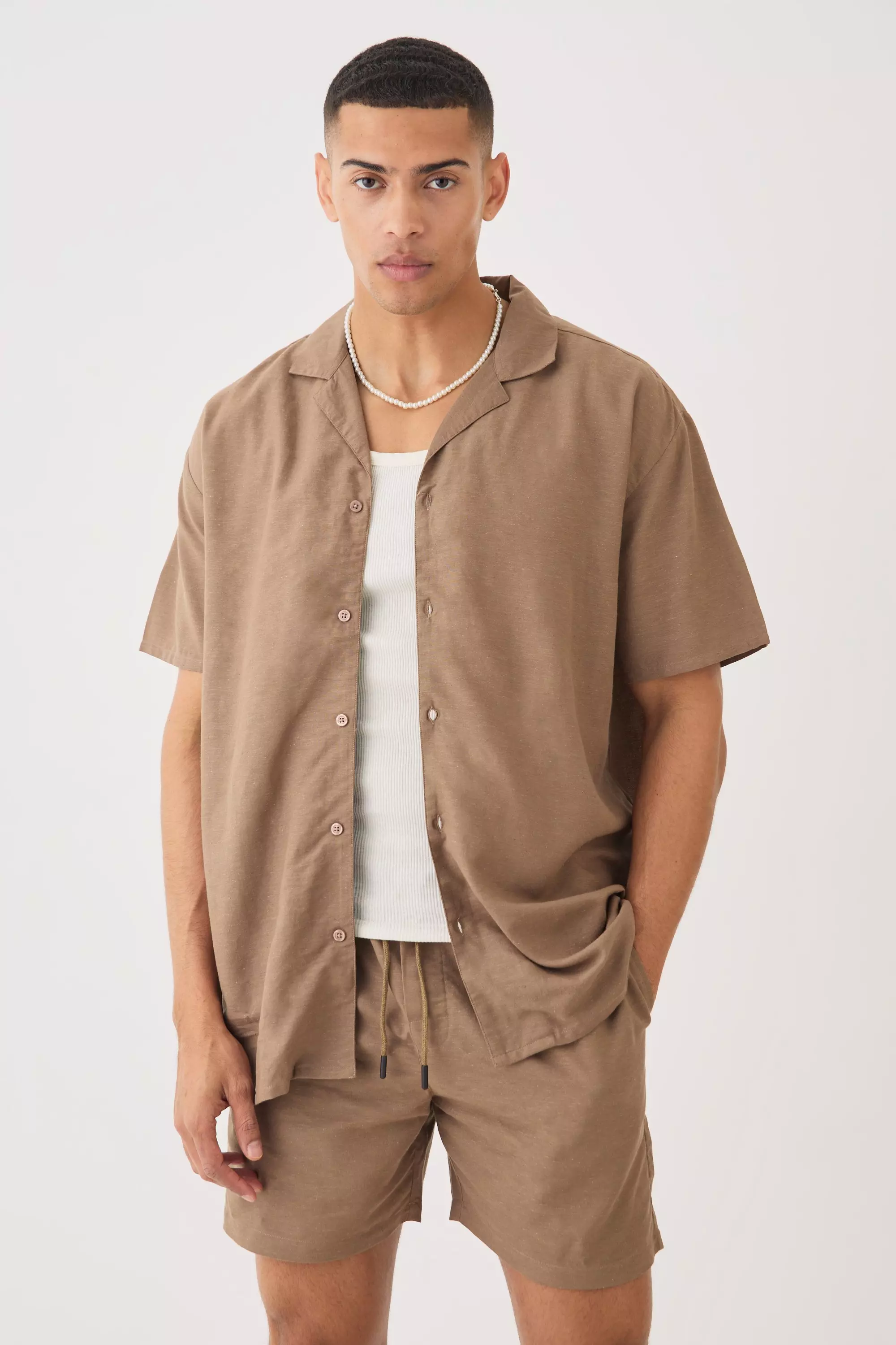 Brown Short Sleeve Oversized Linen Blend Shirt & Short Set alternative image