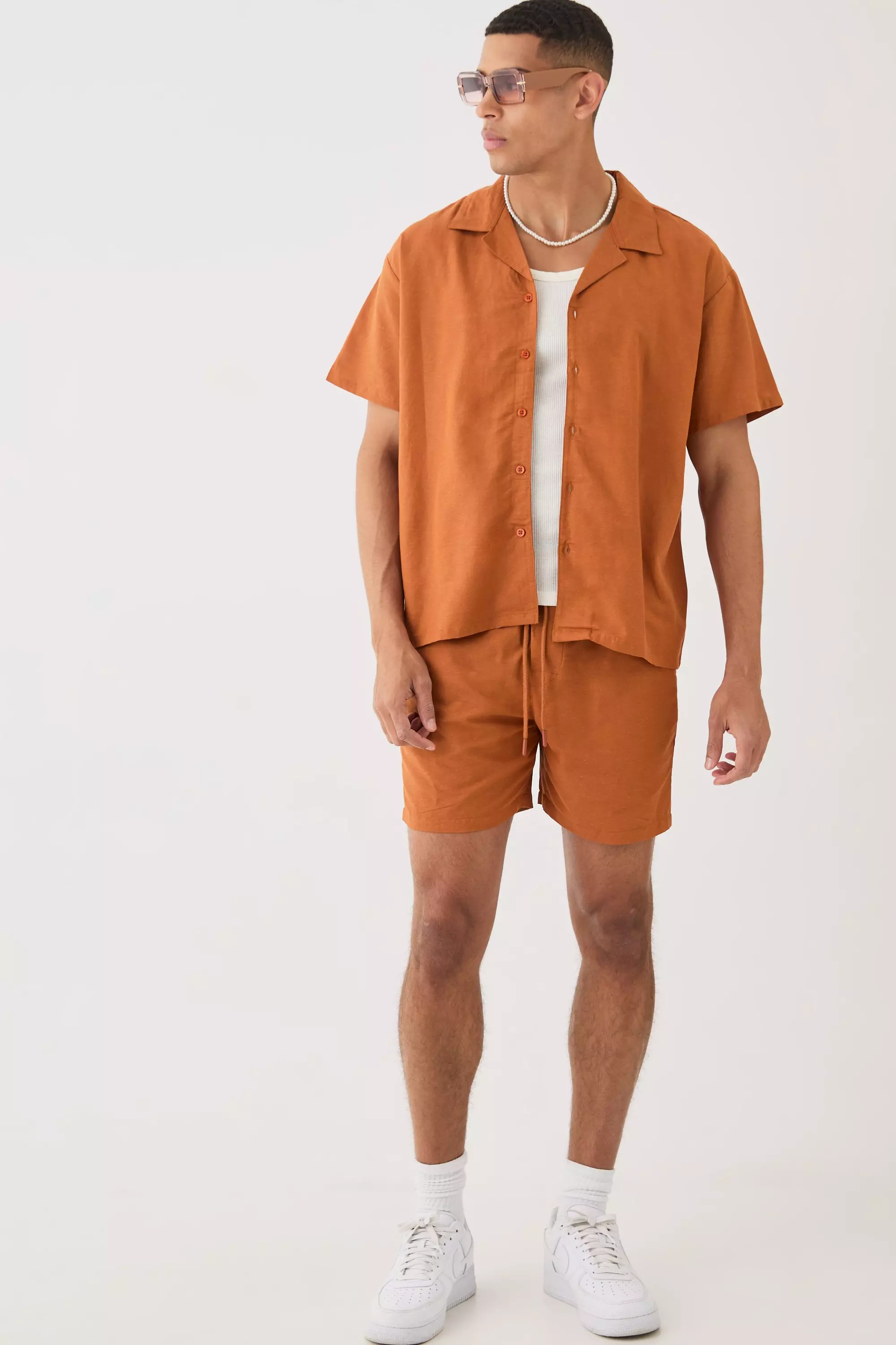 Short Sleeve Boxy Linen Shirt & Short Set Tan