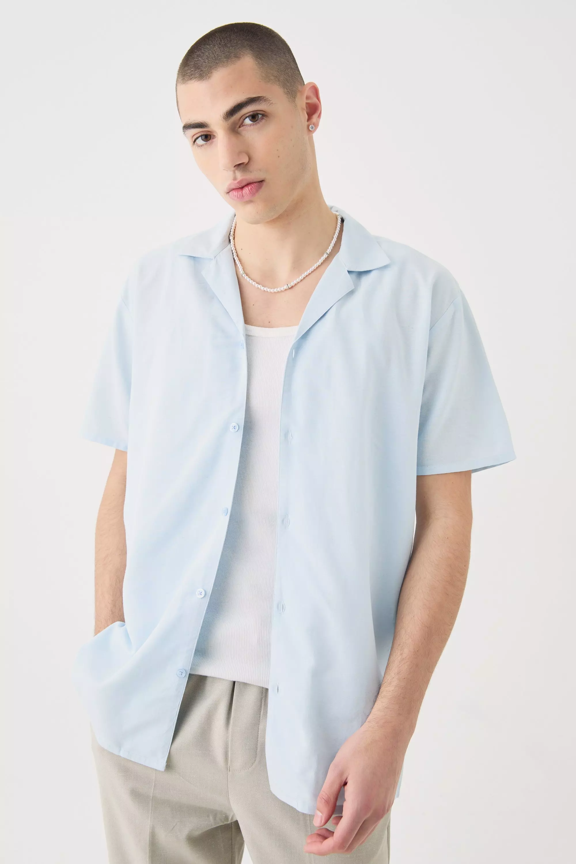 Short Sleeve Linen Shirt Blue