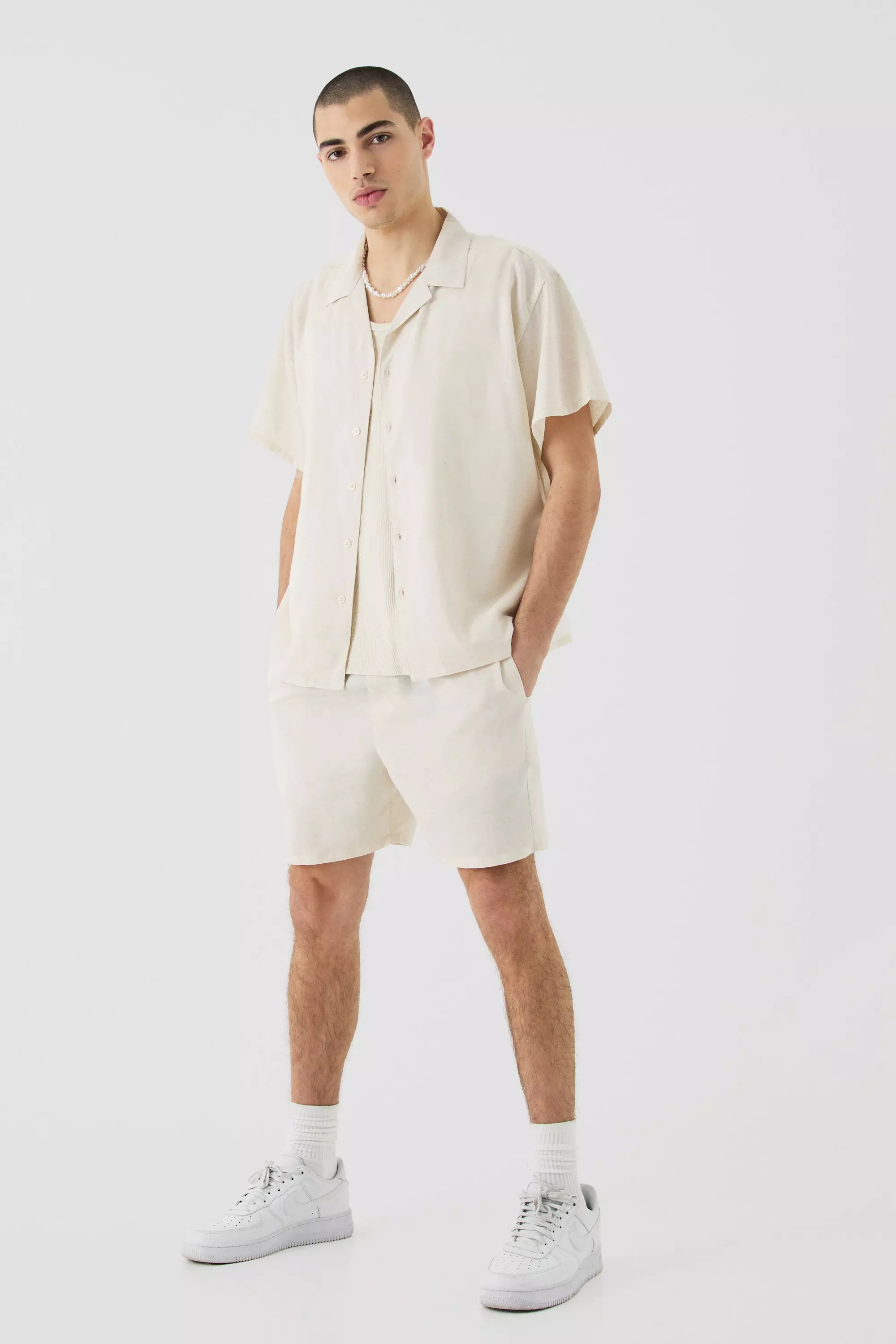 Short Sleeve Boxy Linen Shirt & Short Natural