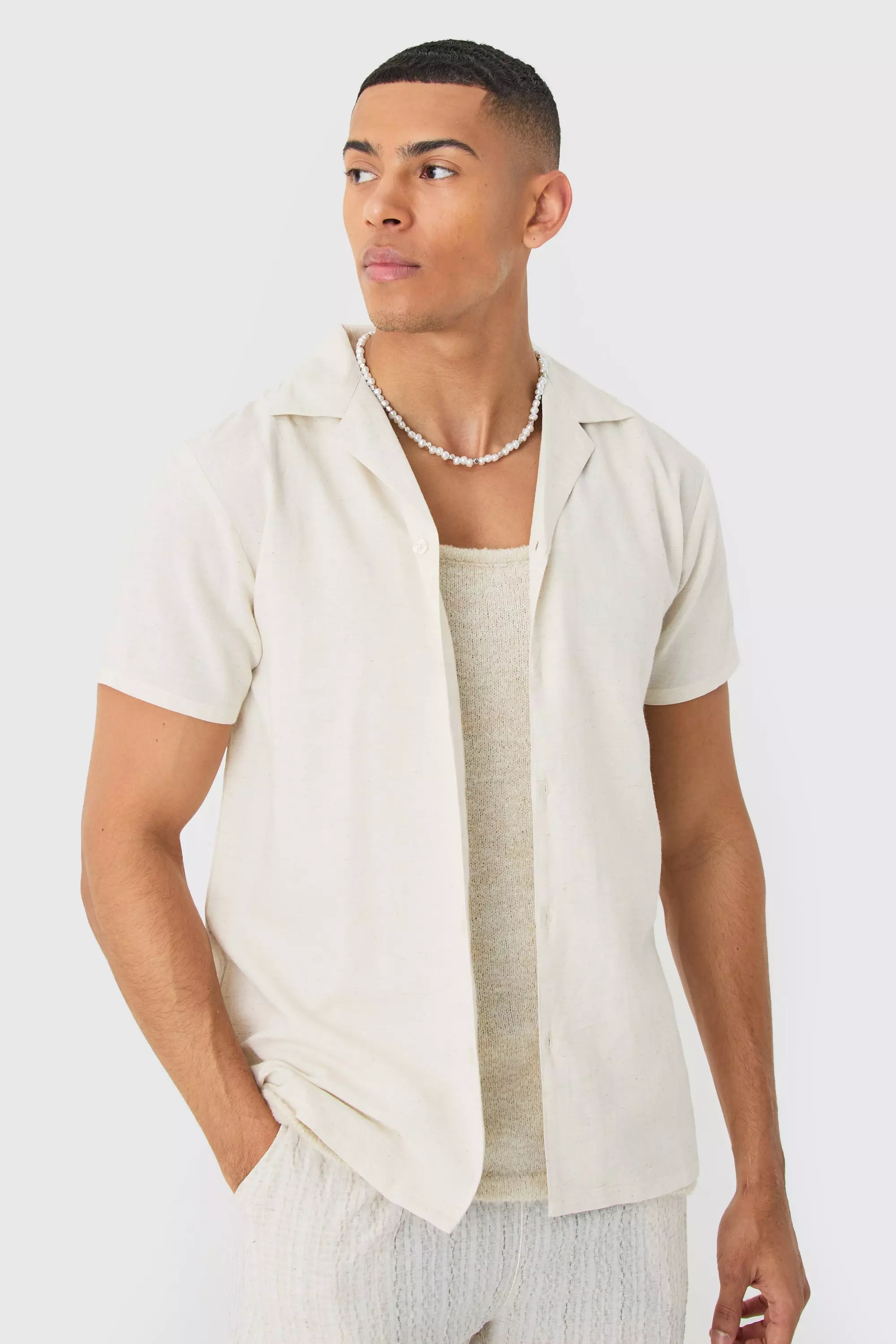 Camicia A Maniche Corte In Lino, Natural immagine alternativa