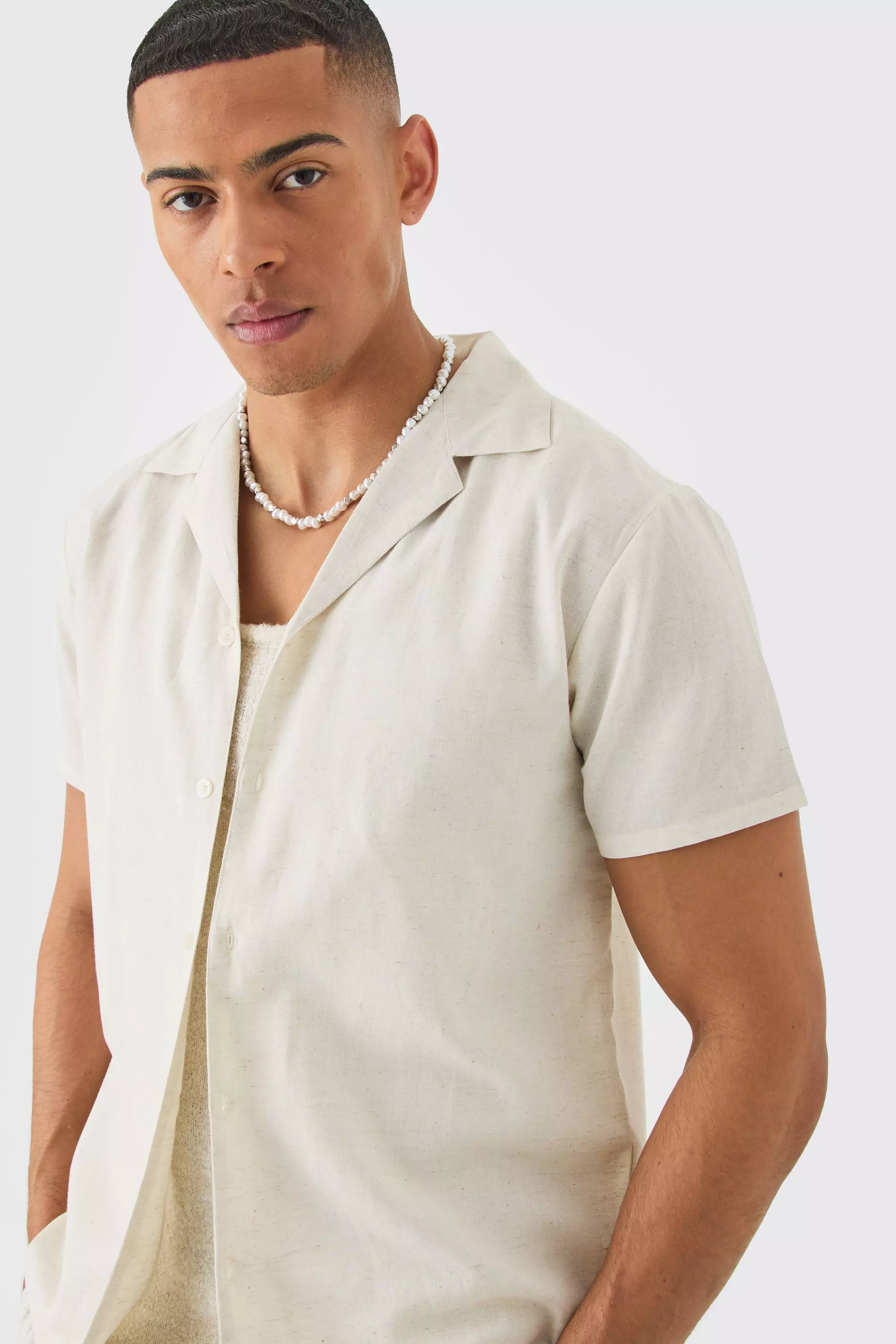 Camicia A Maniche Corte In Lino, Natural immagine alternativa