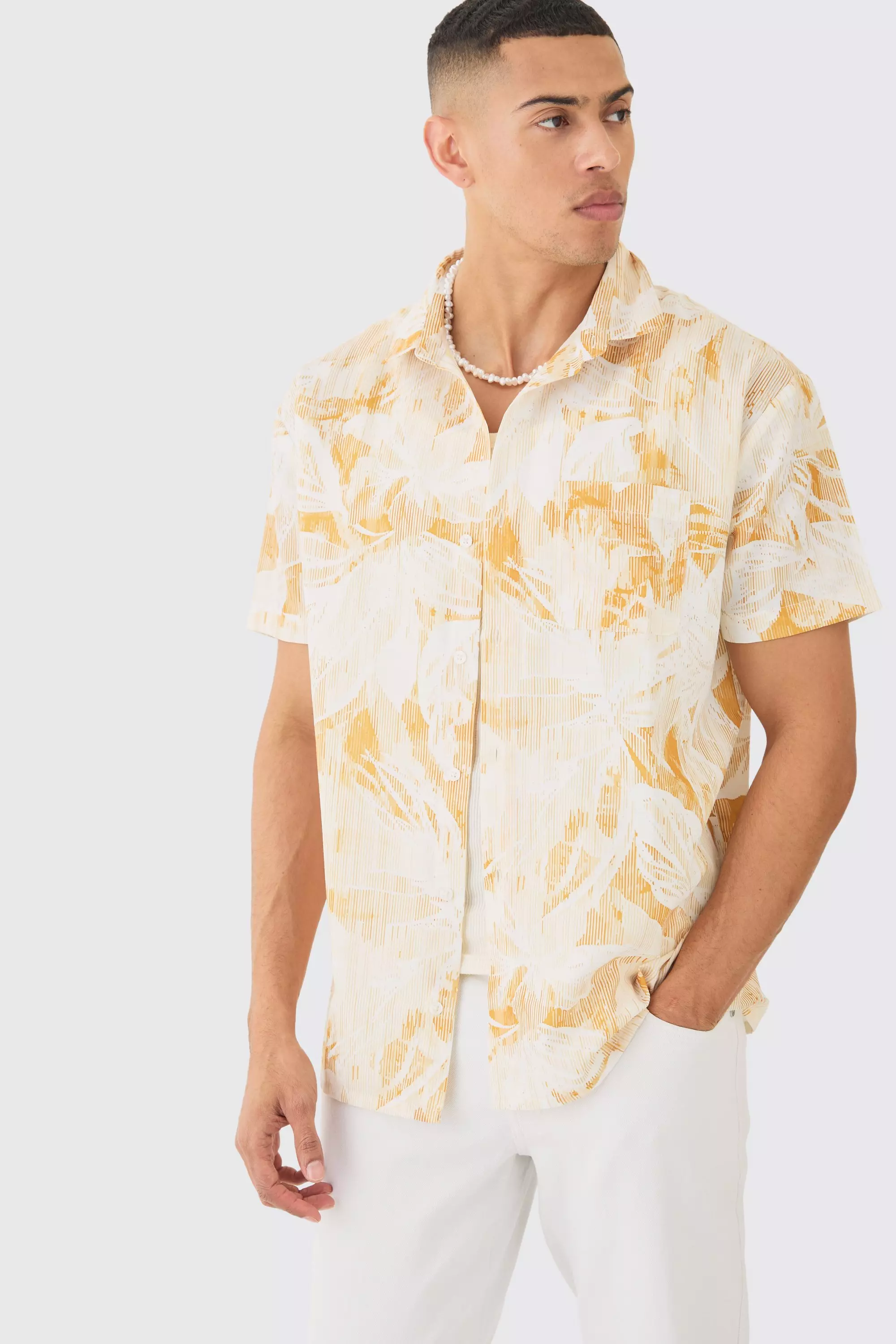 Oversized Linen Look Brush Palm Print Shirt Mustard