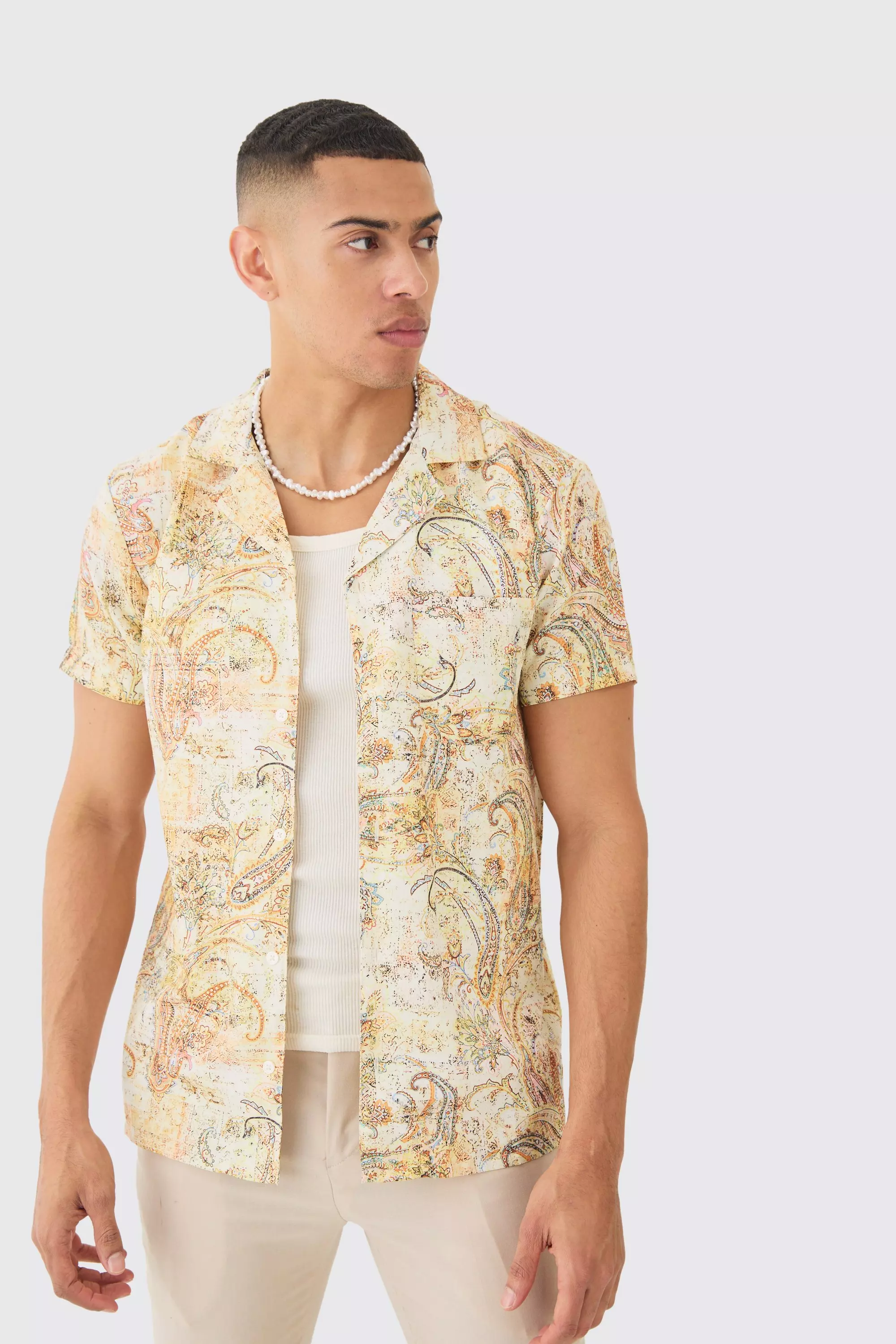 Short Sleeve Revere Linen Look Tapestry Print Shirt Stone