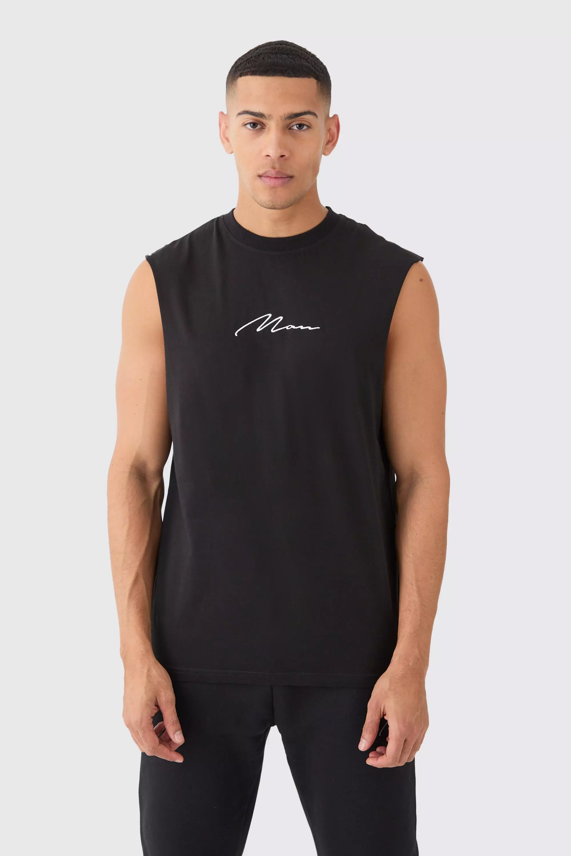 Man Signature Drop Armhole Tank Black