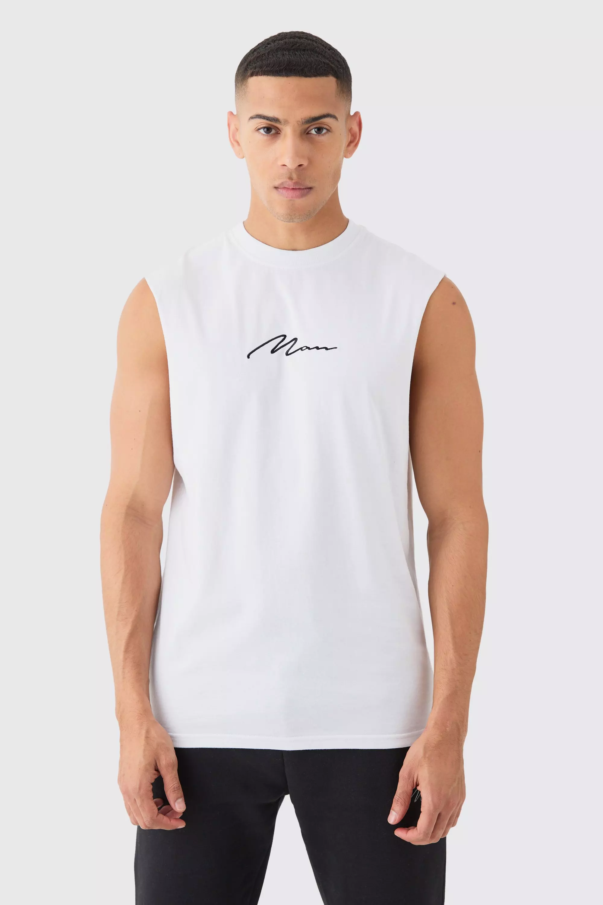 Man Signature Drop Armhole Tank White