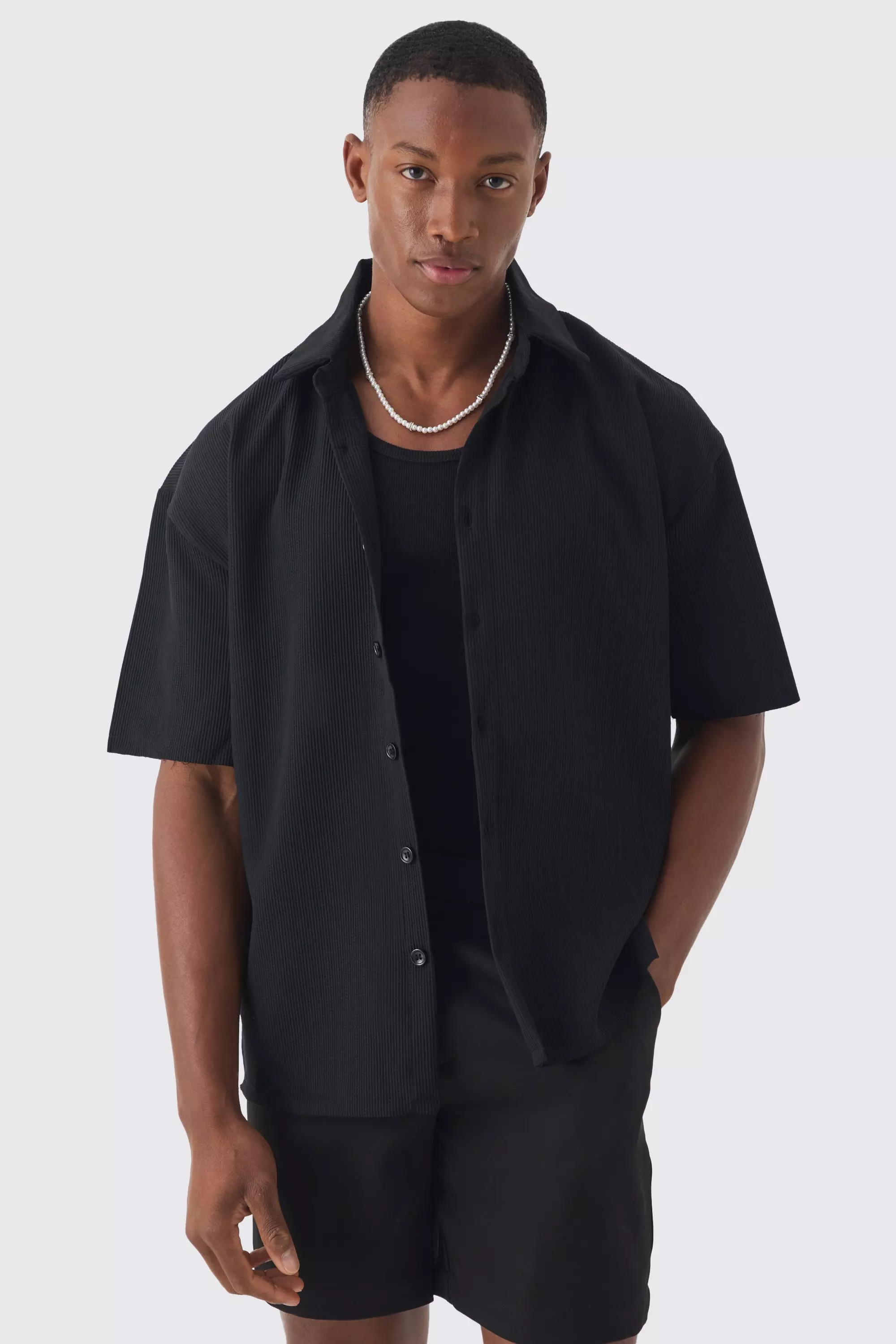 Pleated Oversized Button Up Shirt Black