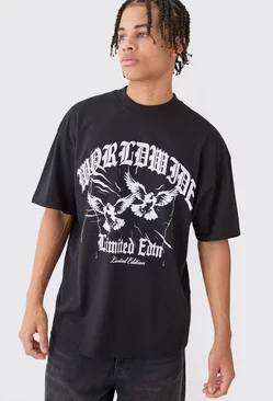 Oversized Bird Gothic Text T-shirt Black