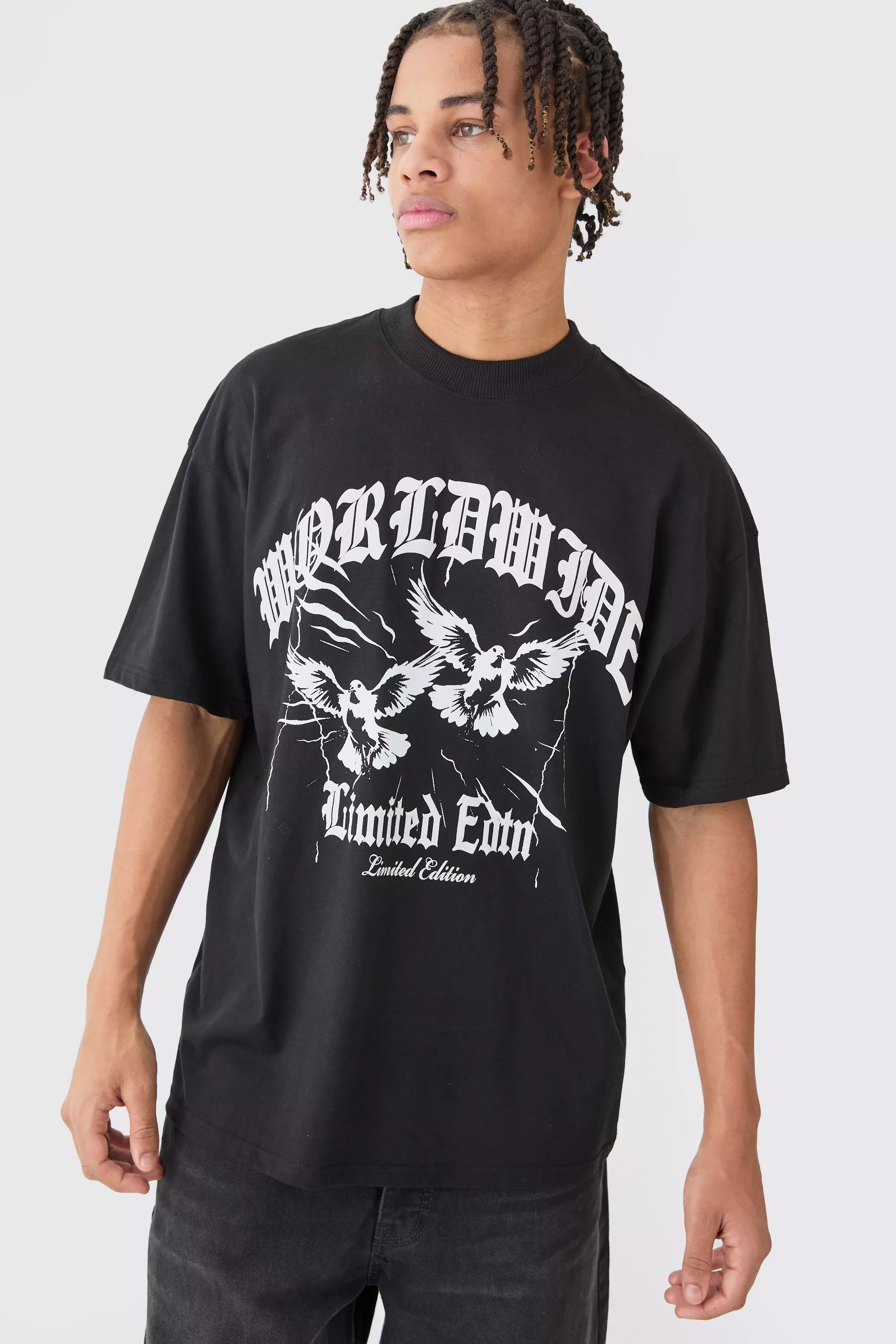 Black Oversized Bird Gothic Text T-shirt