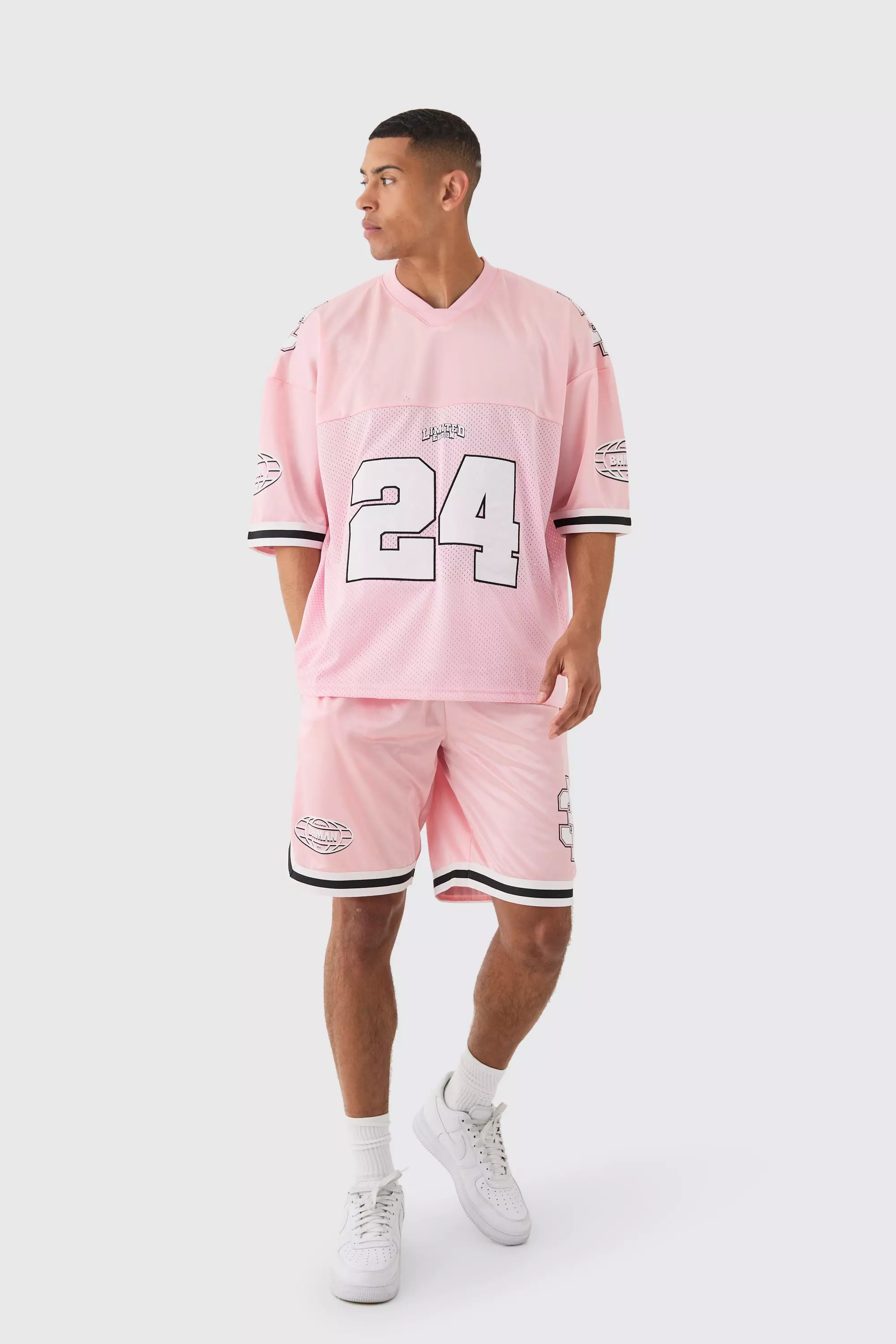 Mesh & Satin Applique Baseball T-shirt & Short Set Pink