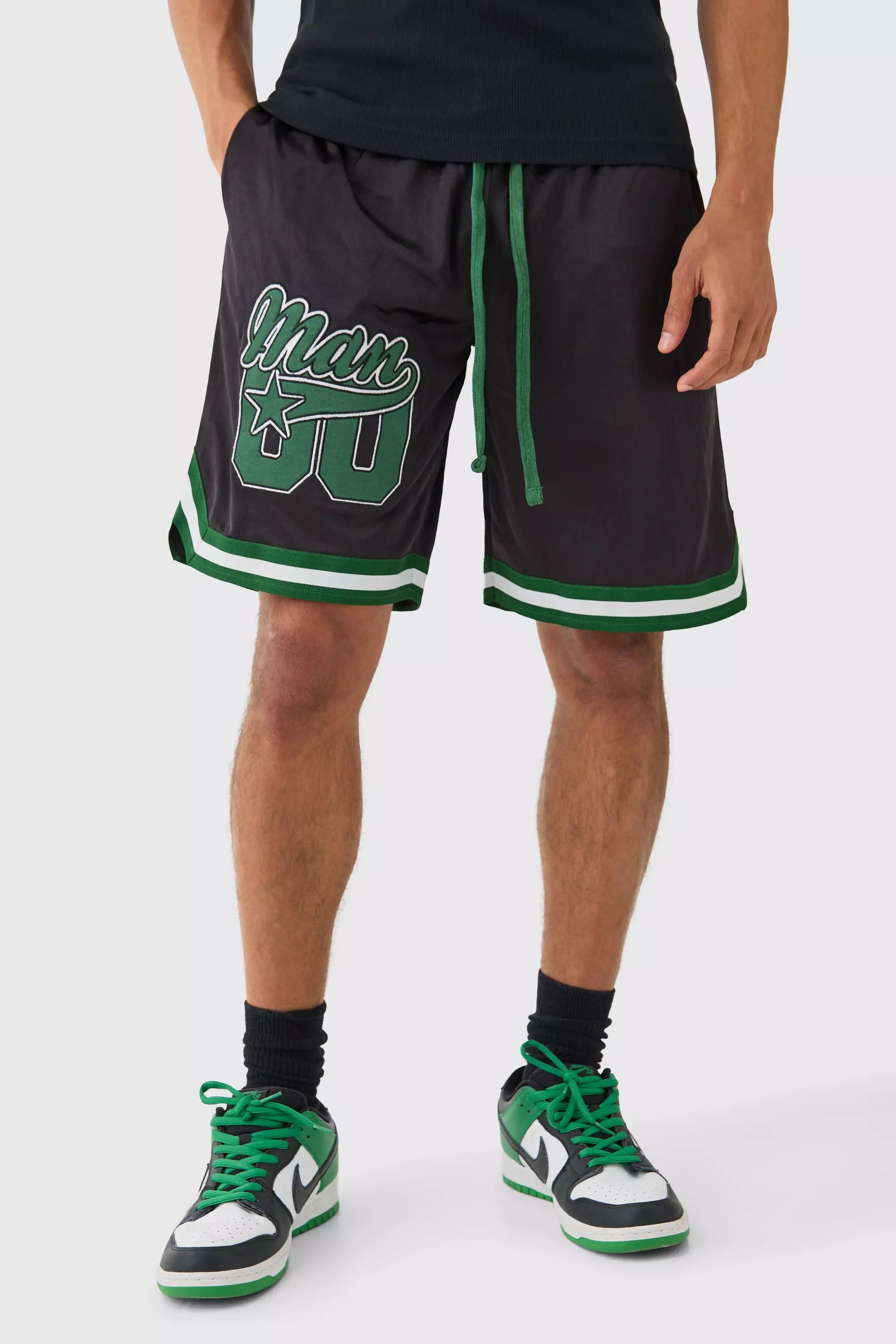 Mesh And Satin Applique Basketball Short Black