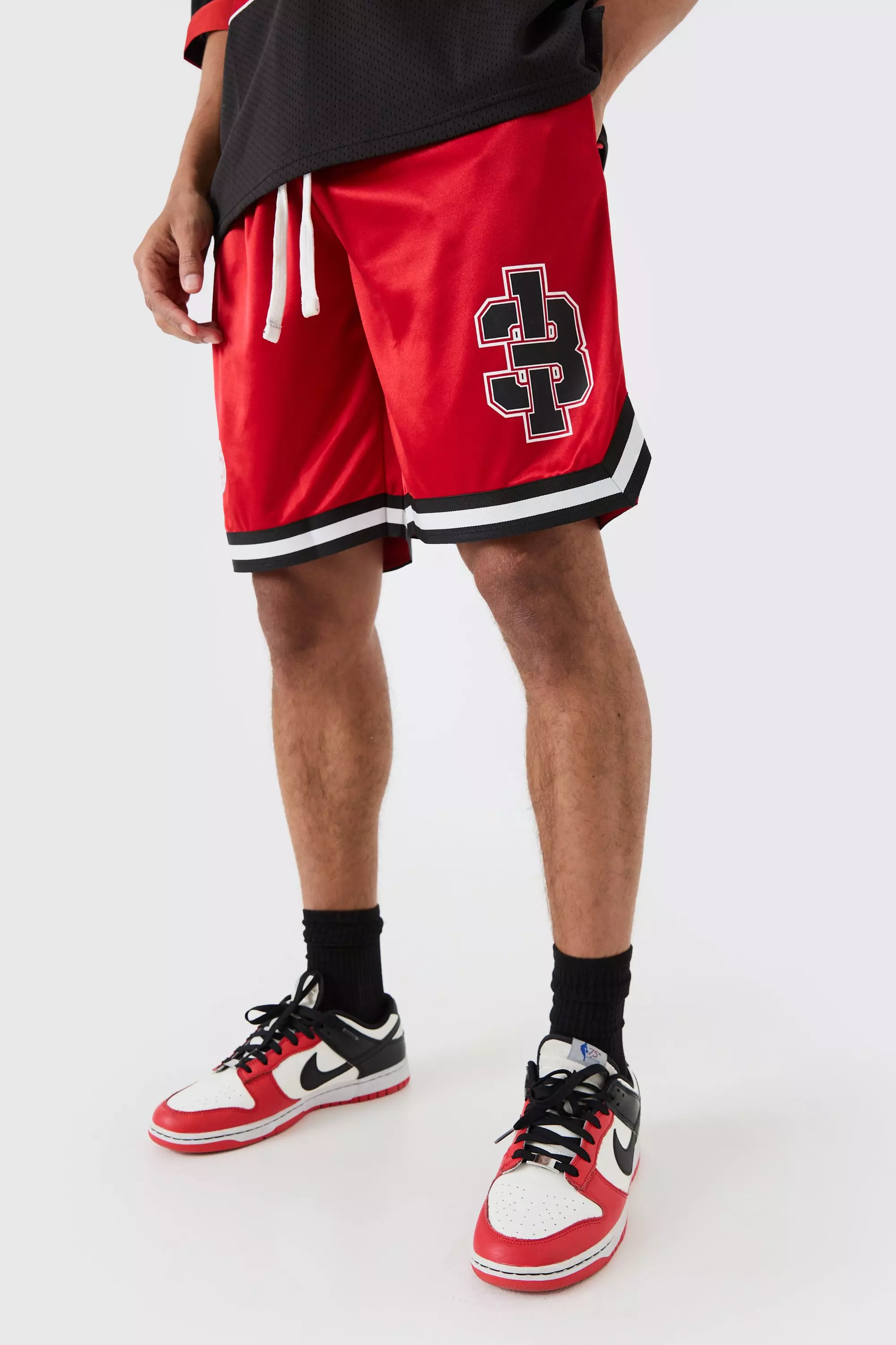 Mesh And Satin Applique Basketball Short Red