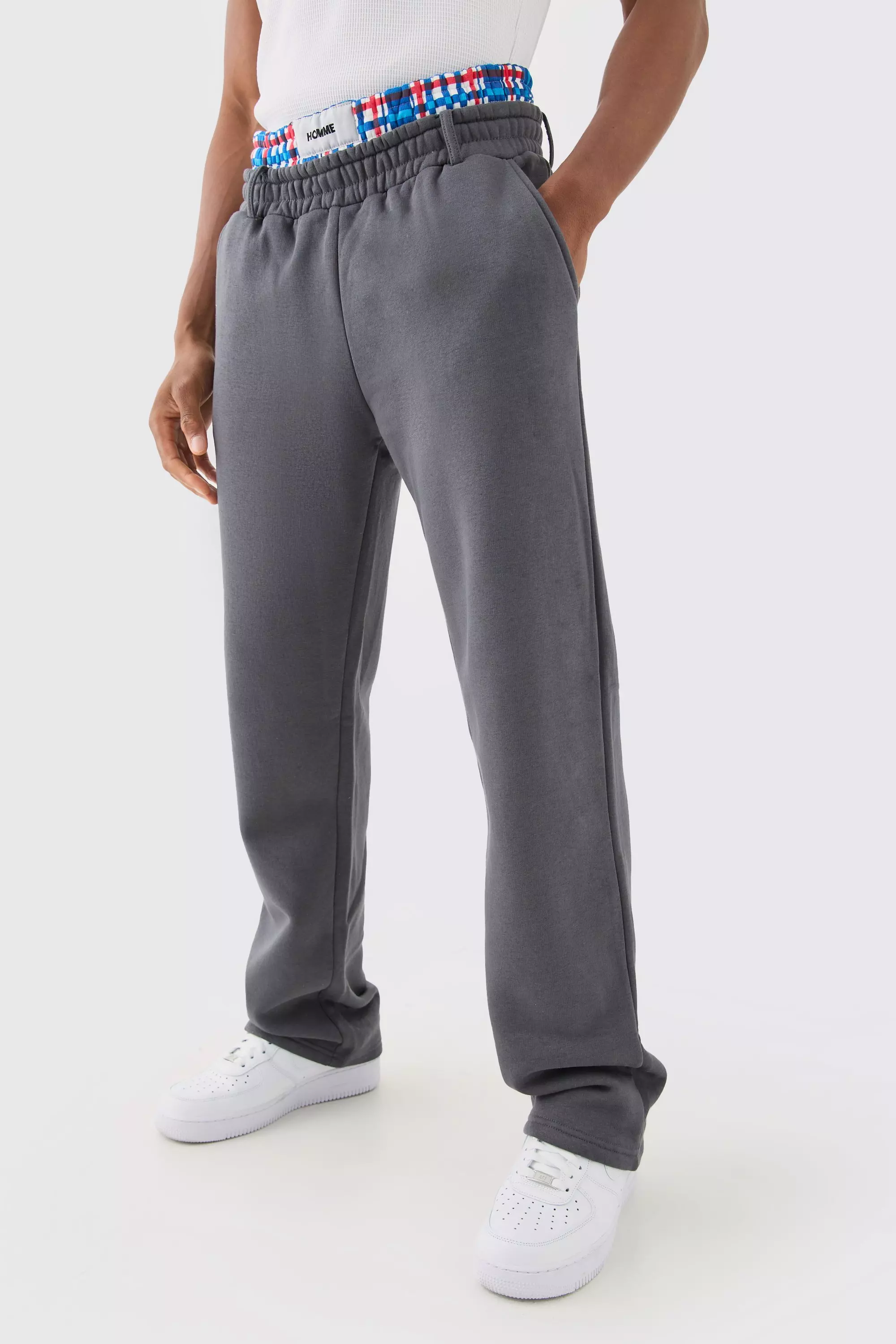 Relaxed Check Double Waistband Jogger Charcoal
