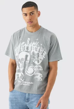 Oversized Overdye Skull Graphic T-shirt Light grey