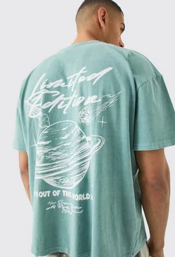 Sage Green Oversized Overdye Space Graphic T-shirt