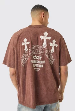Oversized Acid Wash Cross Graphic T-shirt Chocolate