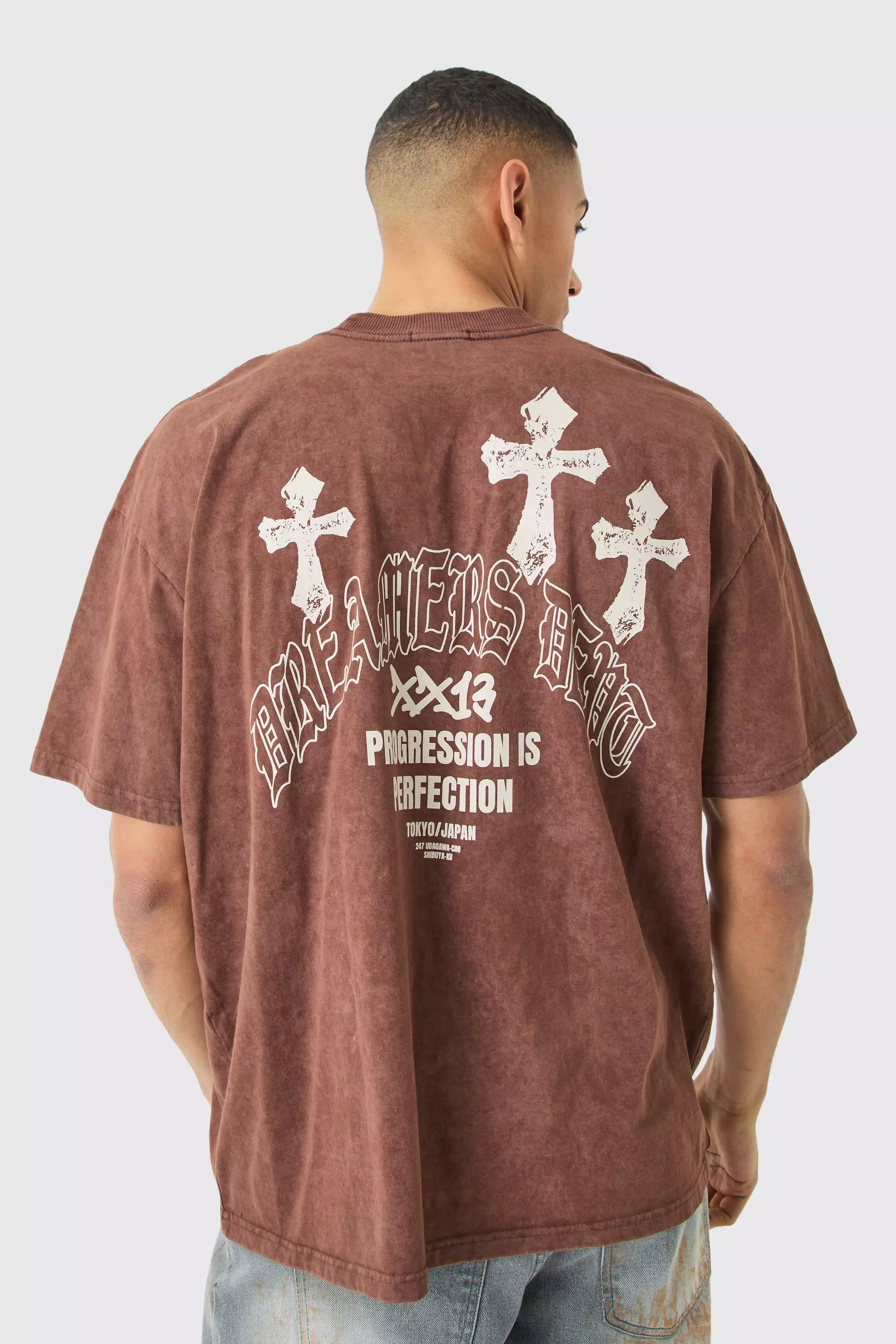 Chocolate Brown Oversized Acid Wash Cross Graphic T-shirt