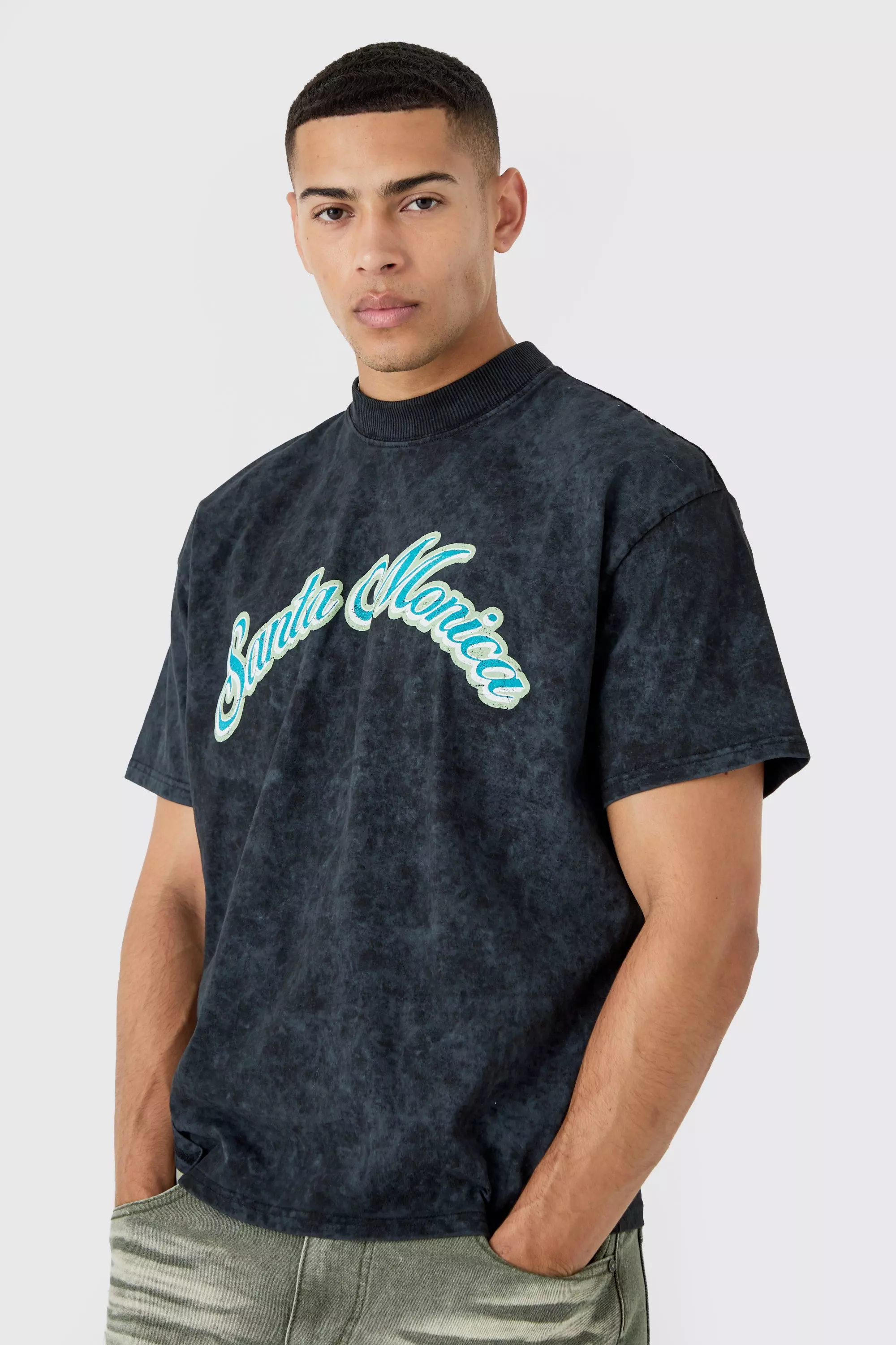 Black Boxy Extended Neck Santa Monica Acid Wash T-shirt