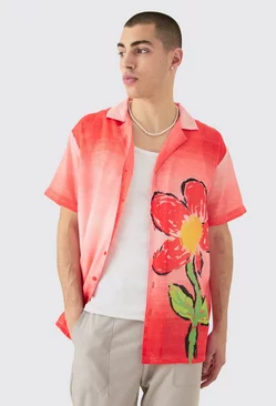 Red Oversized Ombre Flower Linen Look Shirt