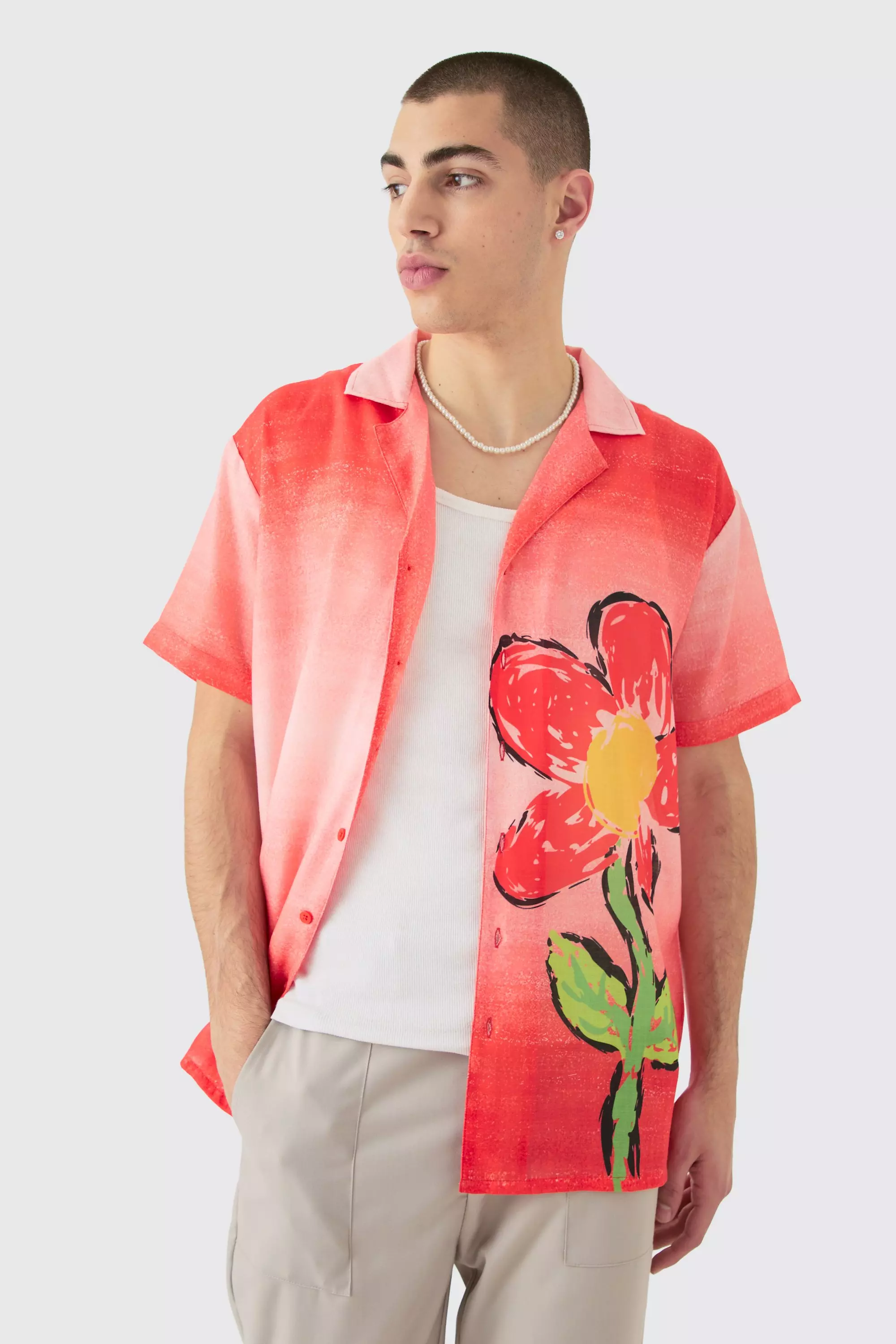 Oversized Ombre Flower Linen Look Shirt Red