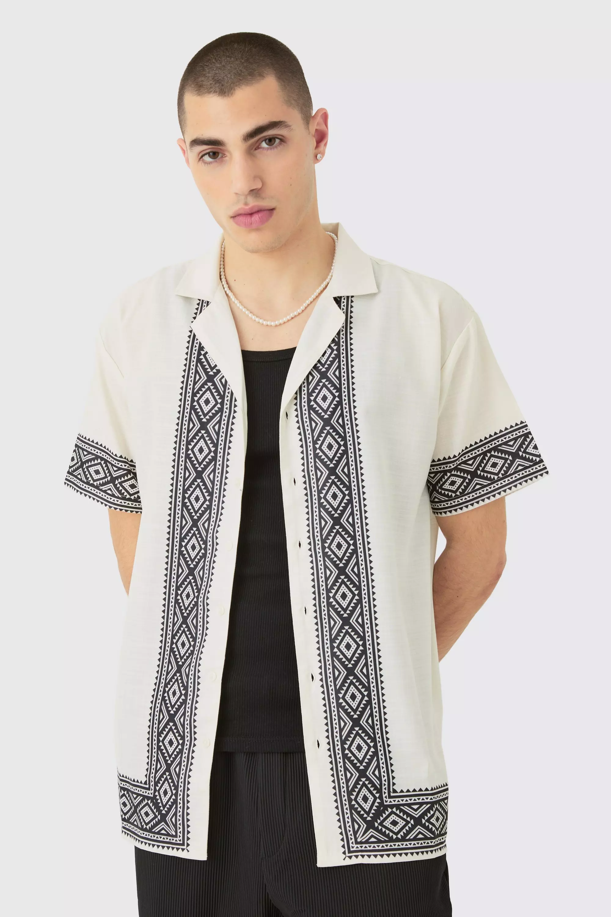 Oversized Linen Look Aztec Border Shirt Ecru