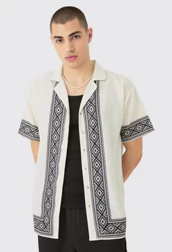 Oversized Linen Look Aztec Border Shirt Ecru