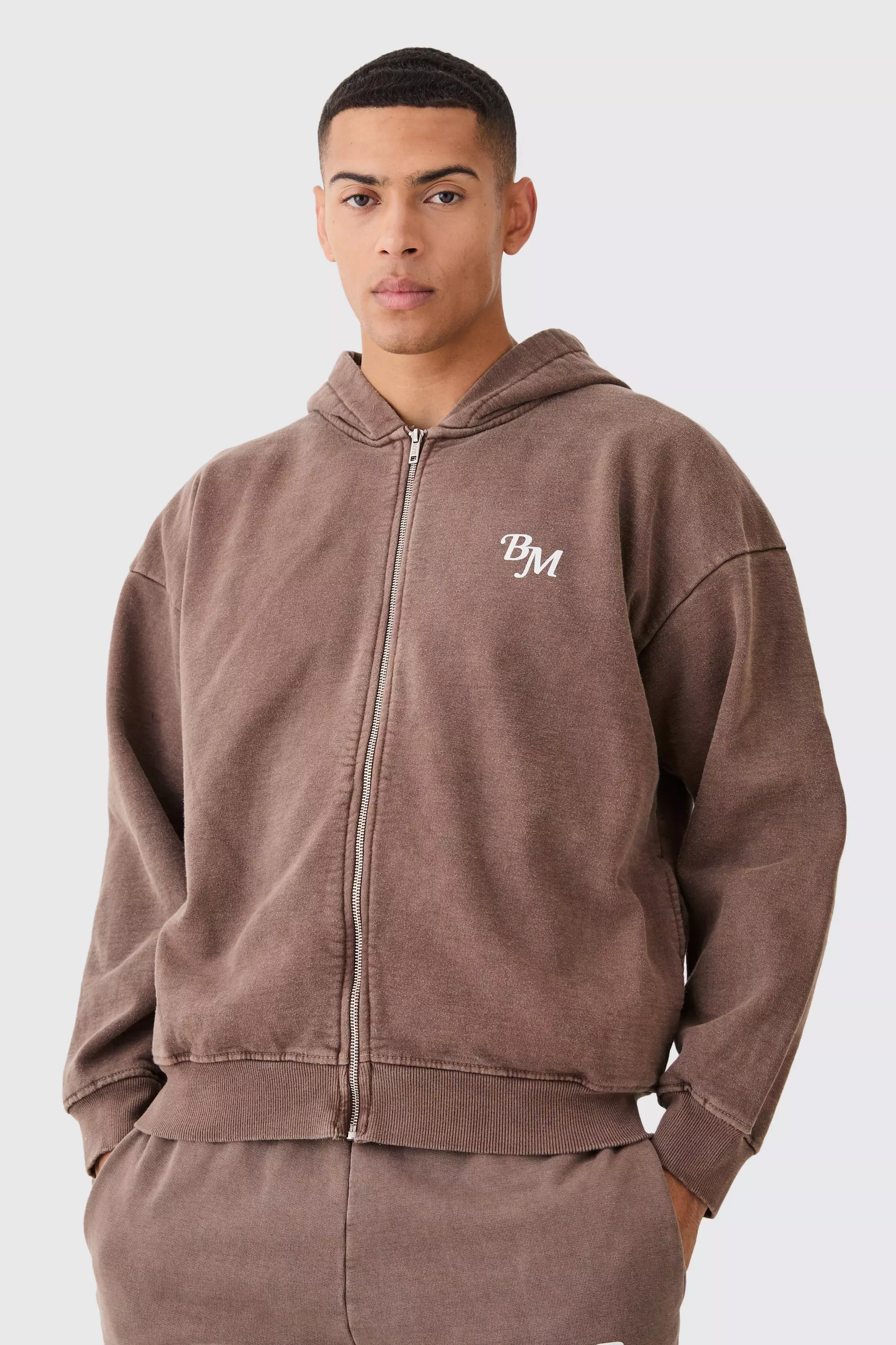 Oversized Heavyweight Overdye Bm Zip Through Hoodie Brown