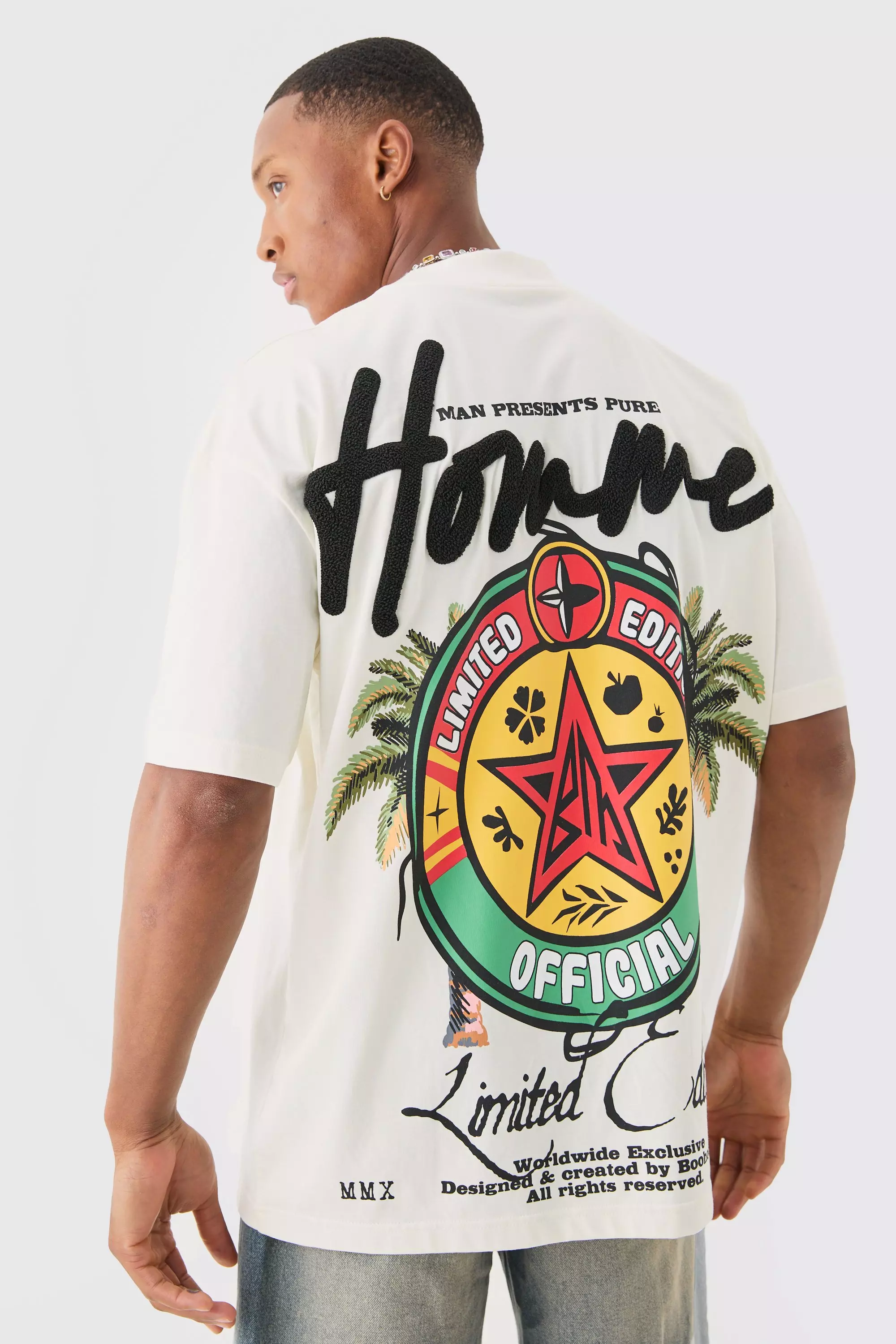 White Oversized Printed Homme Embroidered T-shirt