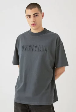 Grey Oversized Extended Neck Official Embossed T-shirt