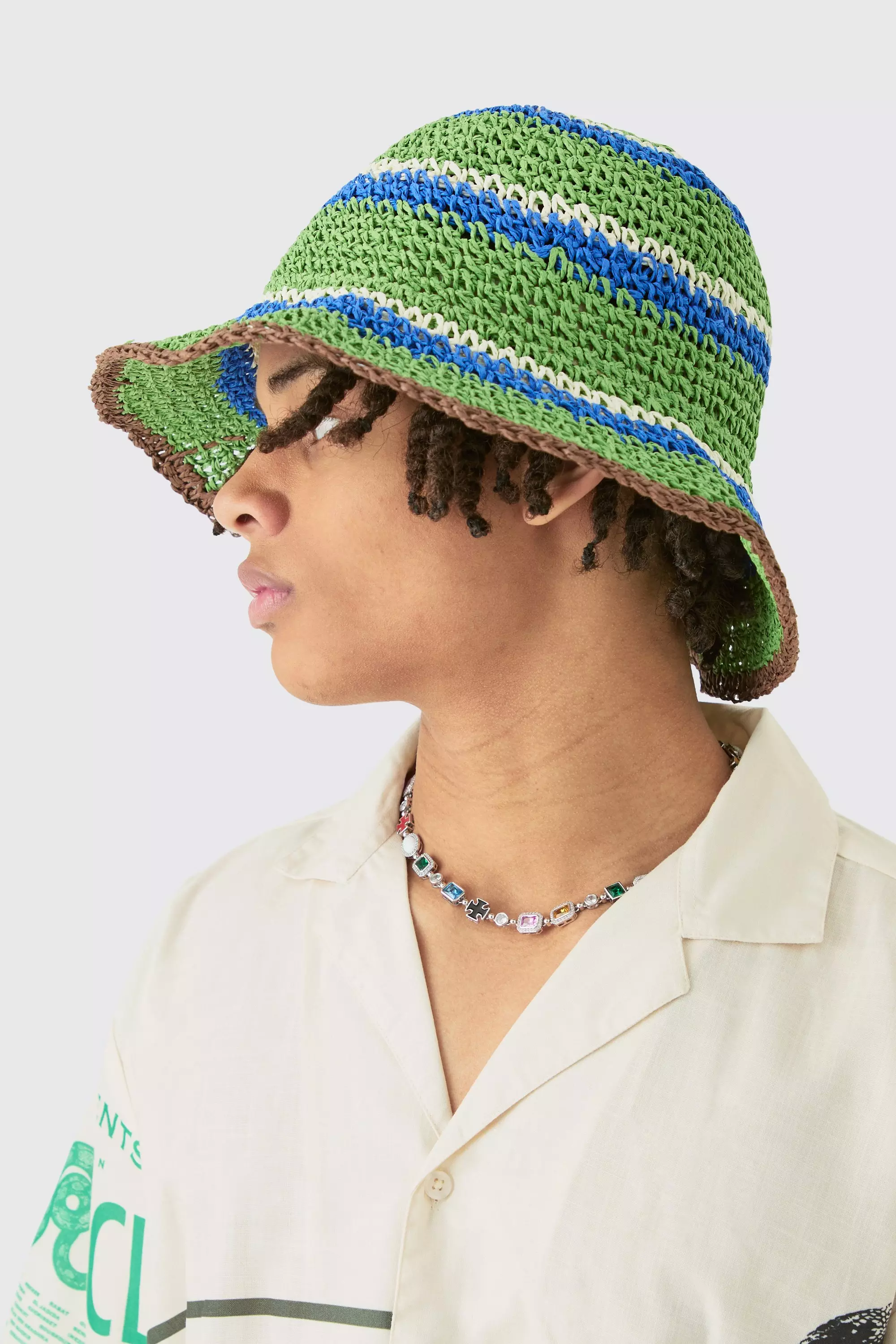 Striped Raffia Bucket Hat In Green Green