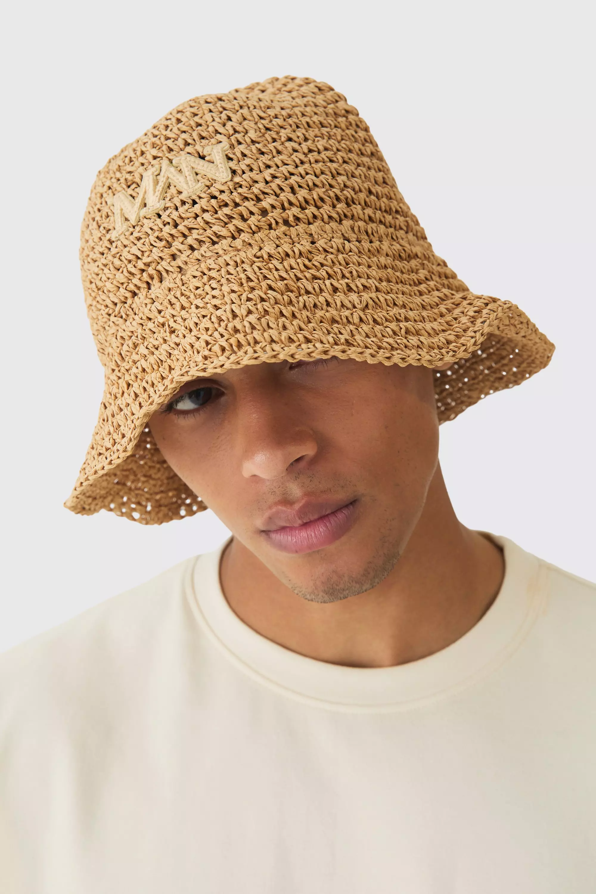 Man Raffia Bucket Hat In Khaki Khaki