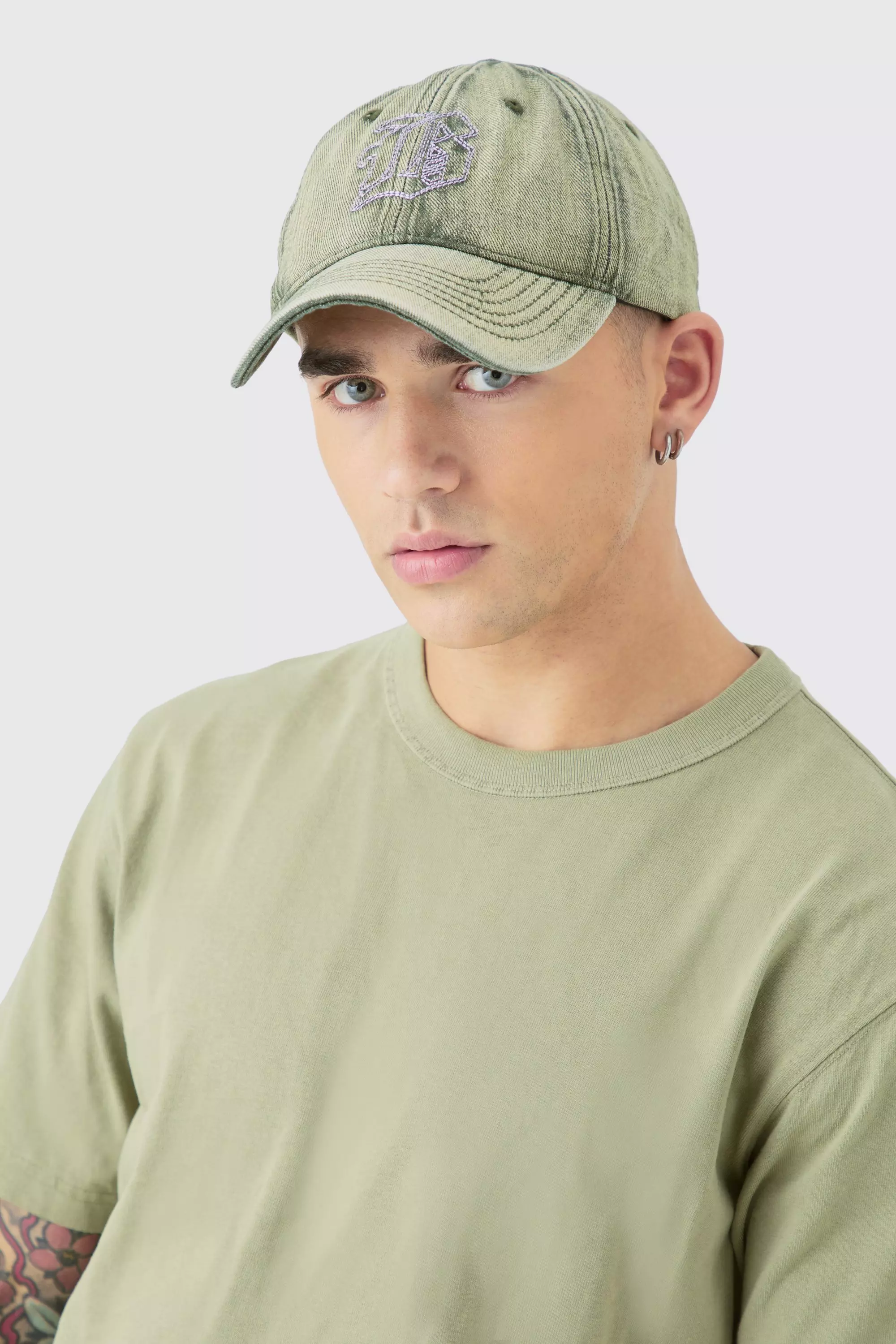 B Embroidered Washed Denim Cap In Green Green