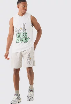 Grey Oversized Bugs Bunny Looney Tunes License Vest And Short Set