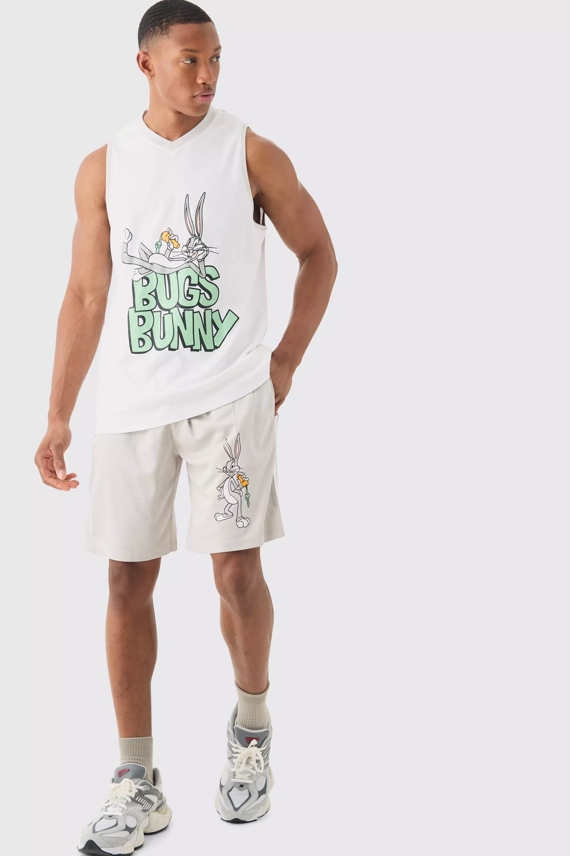 Grey Oversized Bugs Bunny Looney Tunes License Vest And Short Set
