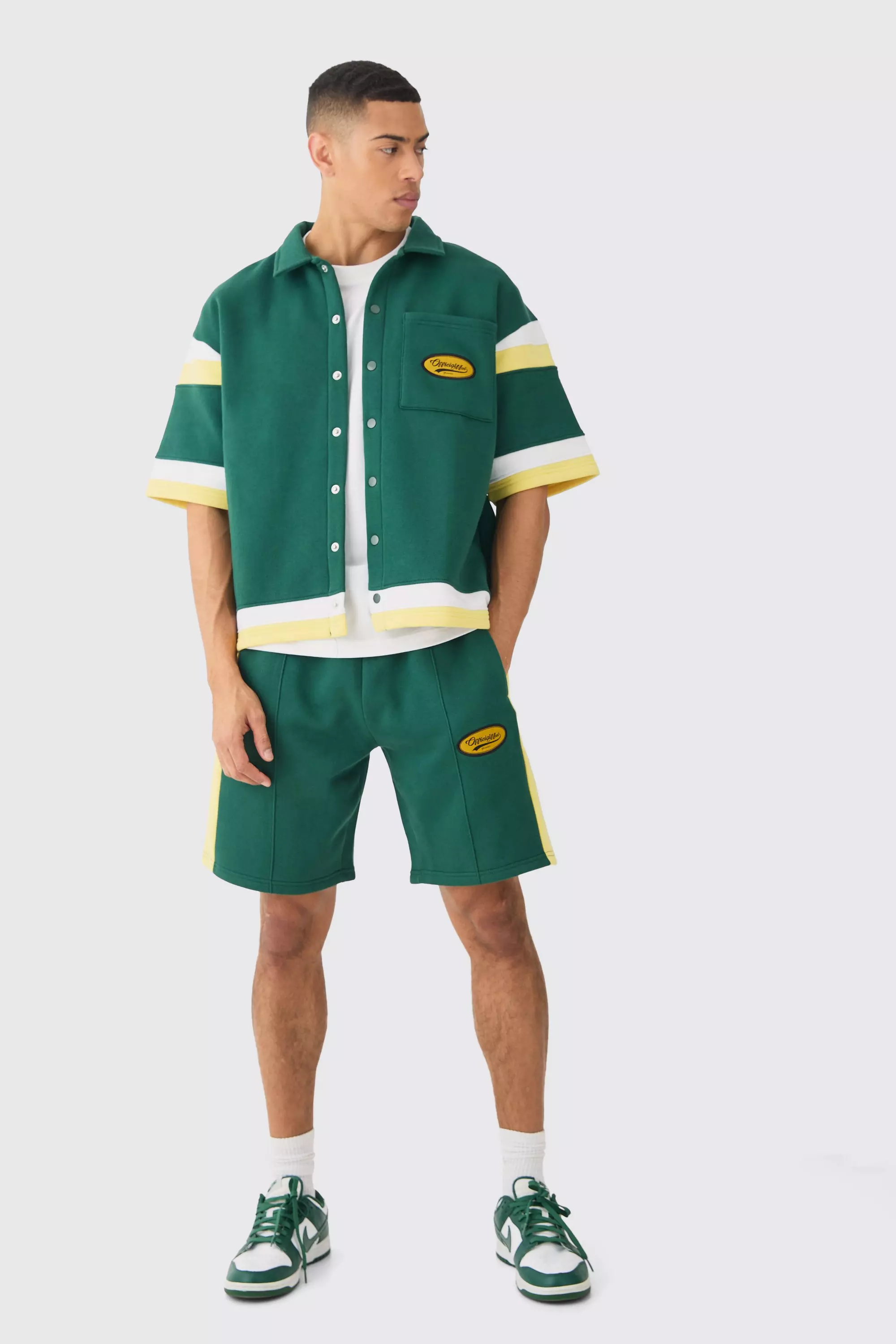 Boxy Fit Varsity Shirt Short Tracksuit Green