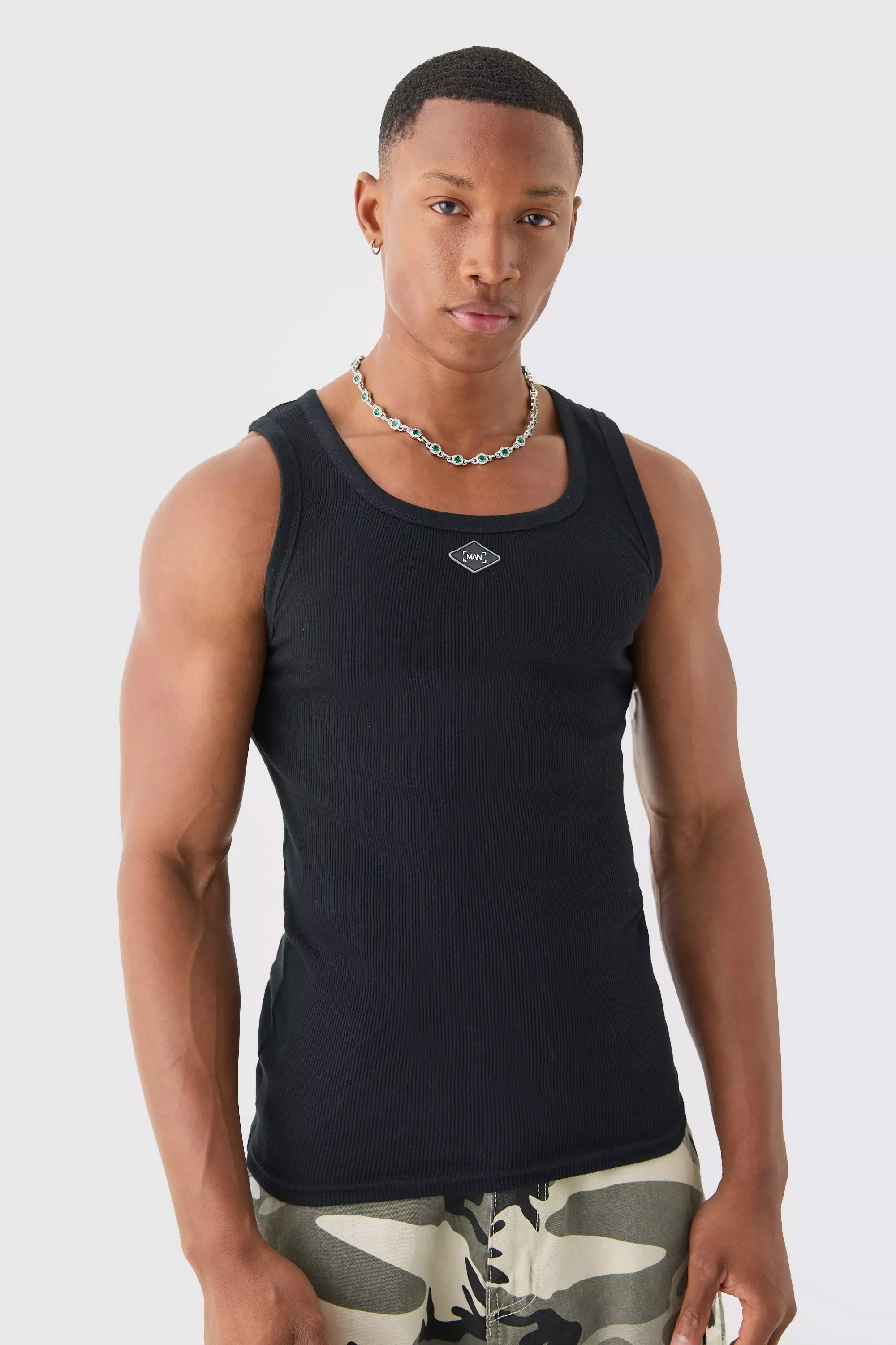 Ribbed Branded Muscle Fit Vest Black