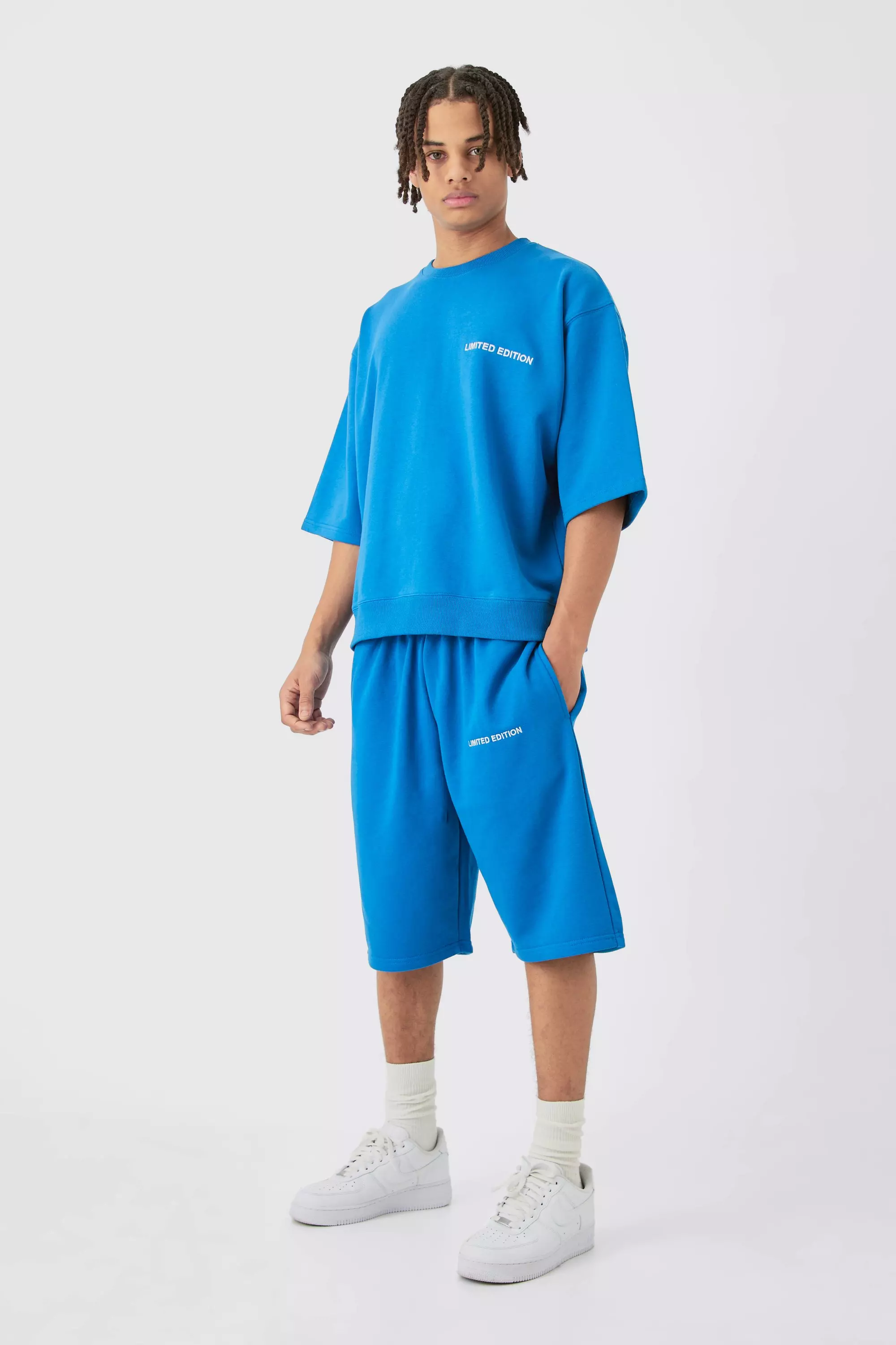 BoohooMAN Mens Oversized Boxy Half Sleeve Short Tracksuit Blue