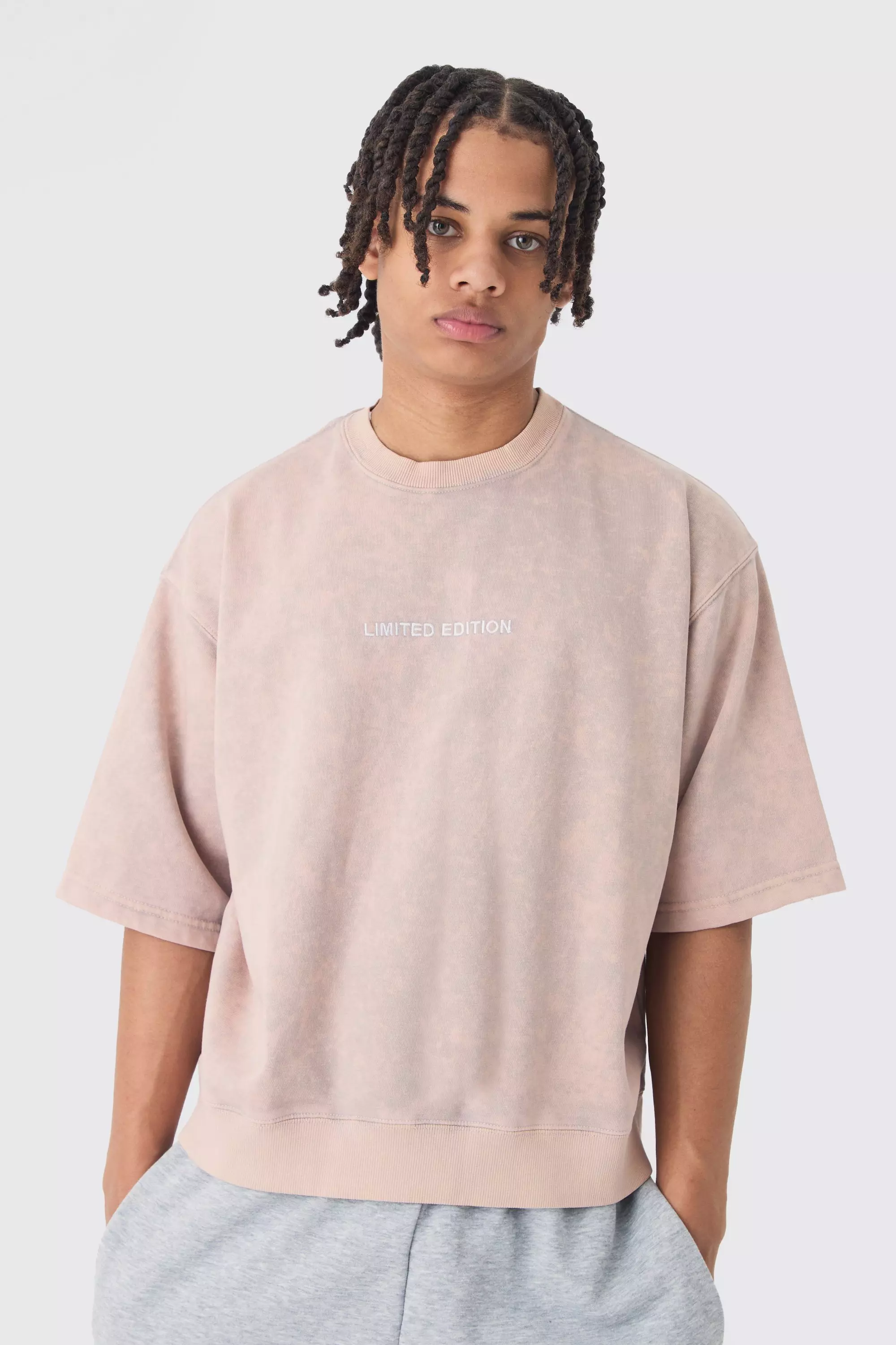 Oversized Boxy Half Sleeve Acid Washed Sweatshirt Pink