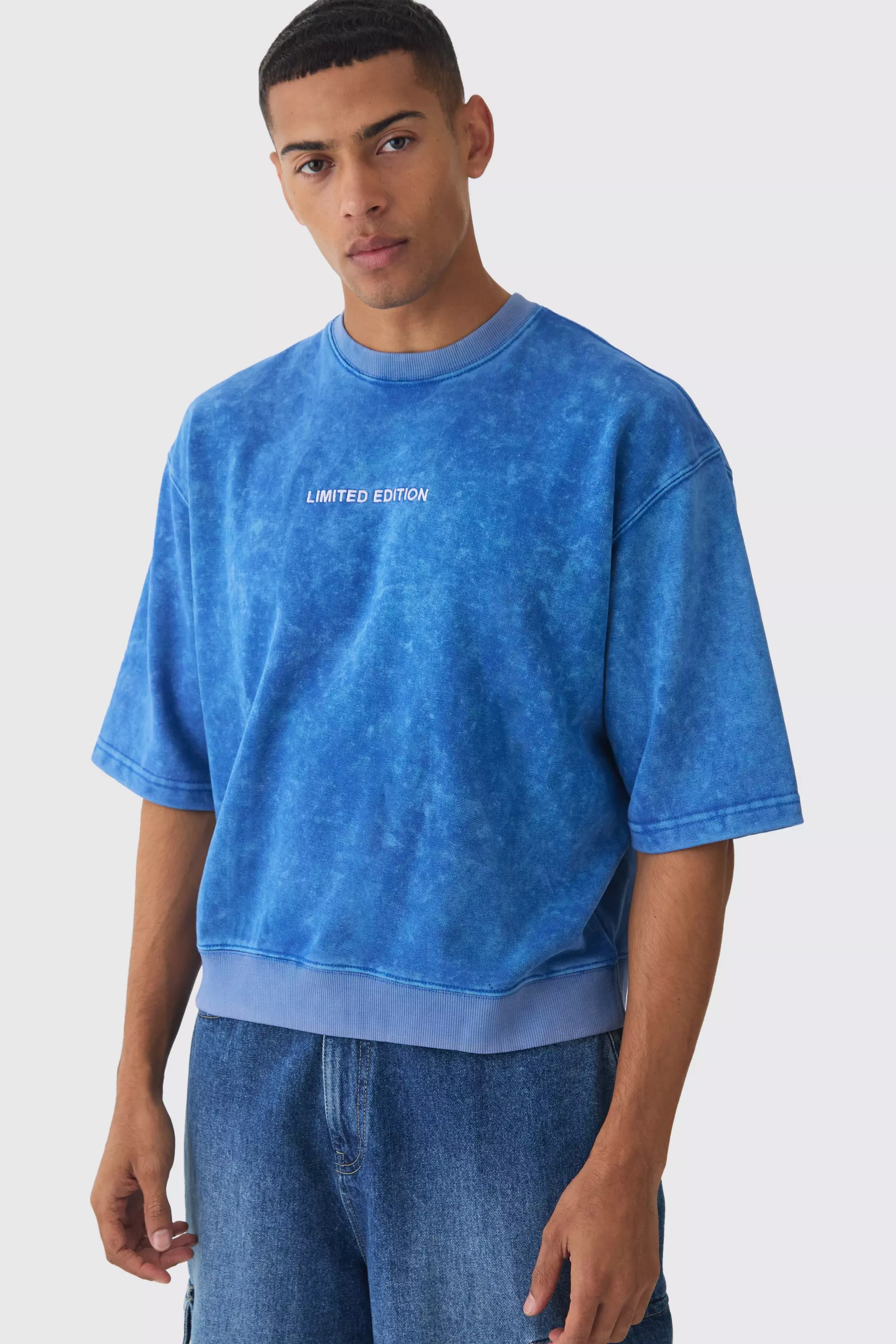 Oversized Boxy Half Sleeve Acid Washed Sweatshirt Blue