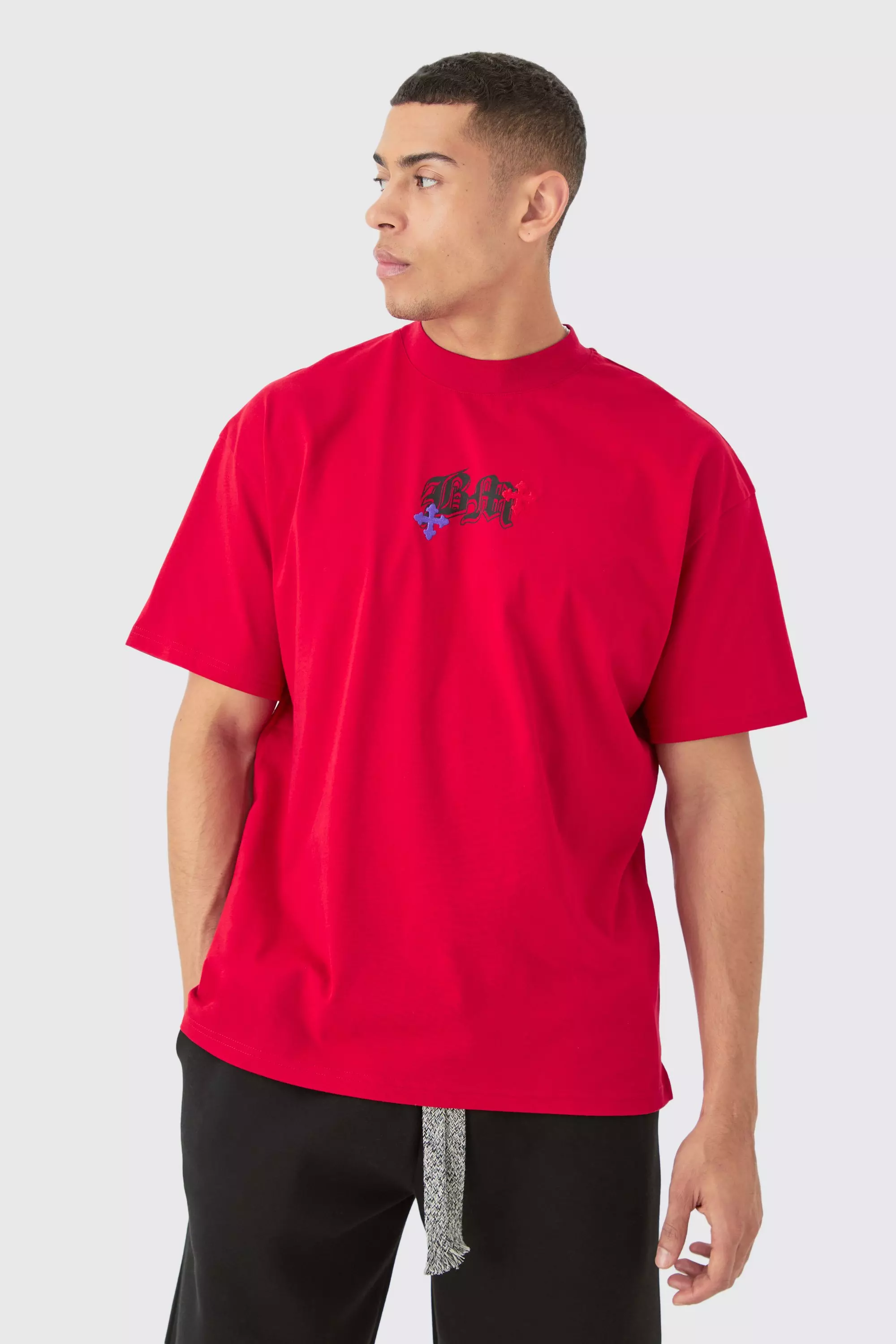 Oversized Heavyweight BM Cross Embroidered T-shirt Red