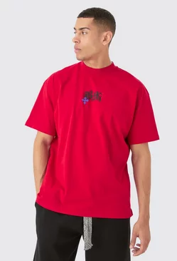 Red Oversized Heavyweight Bm Cross Embroidered T-shirt
