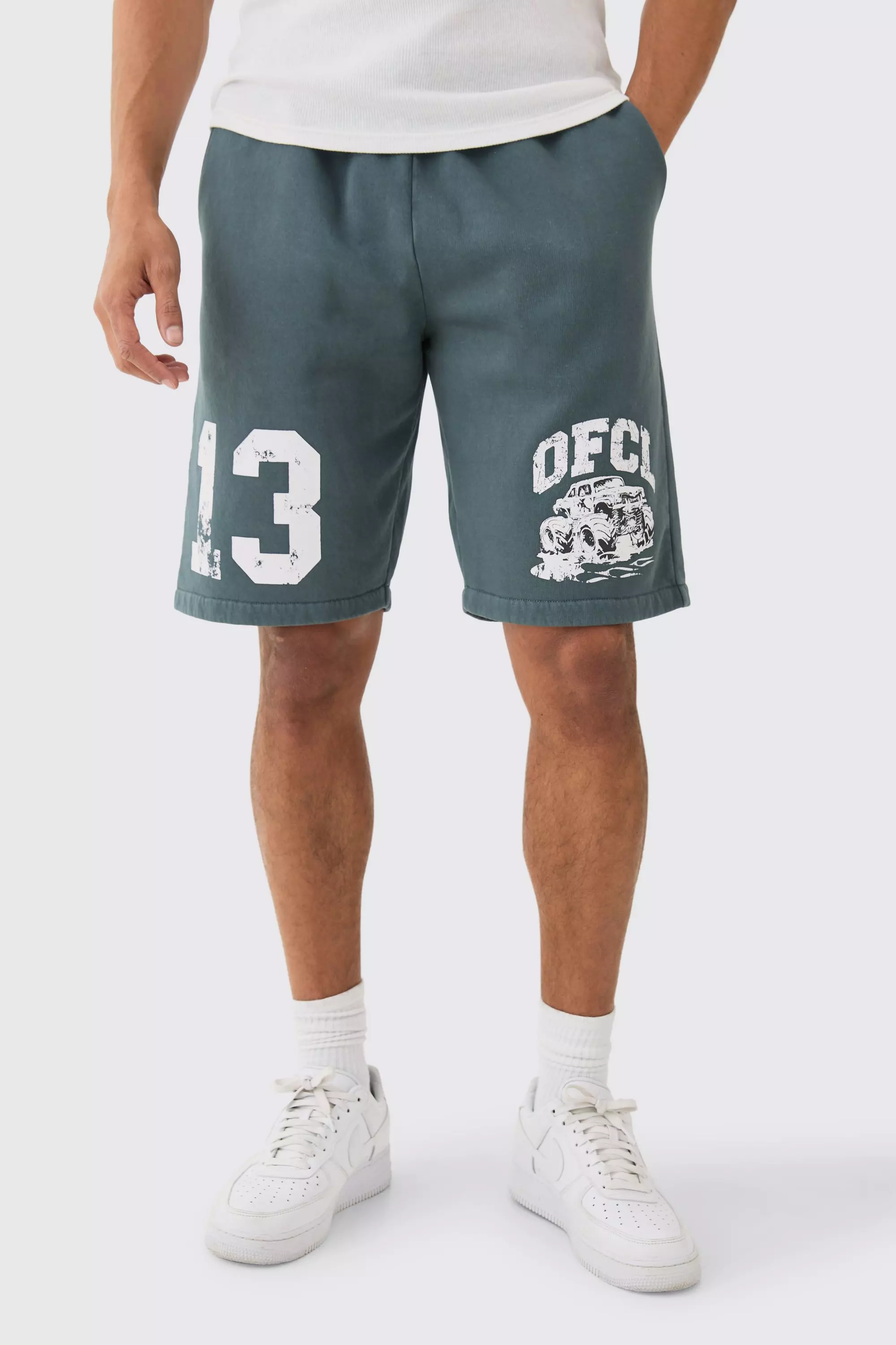 Relaxed Mid Length Ofcl Racing Acid Wash Shorts Charcoal