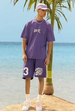 Purple Oversized Ofcl Racing Acid Wash T-shirt & Shorts