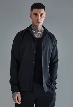 Black Tall Drop Revere Long Sleeve Pleated Shirt In Black