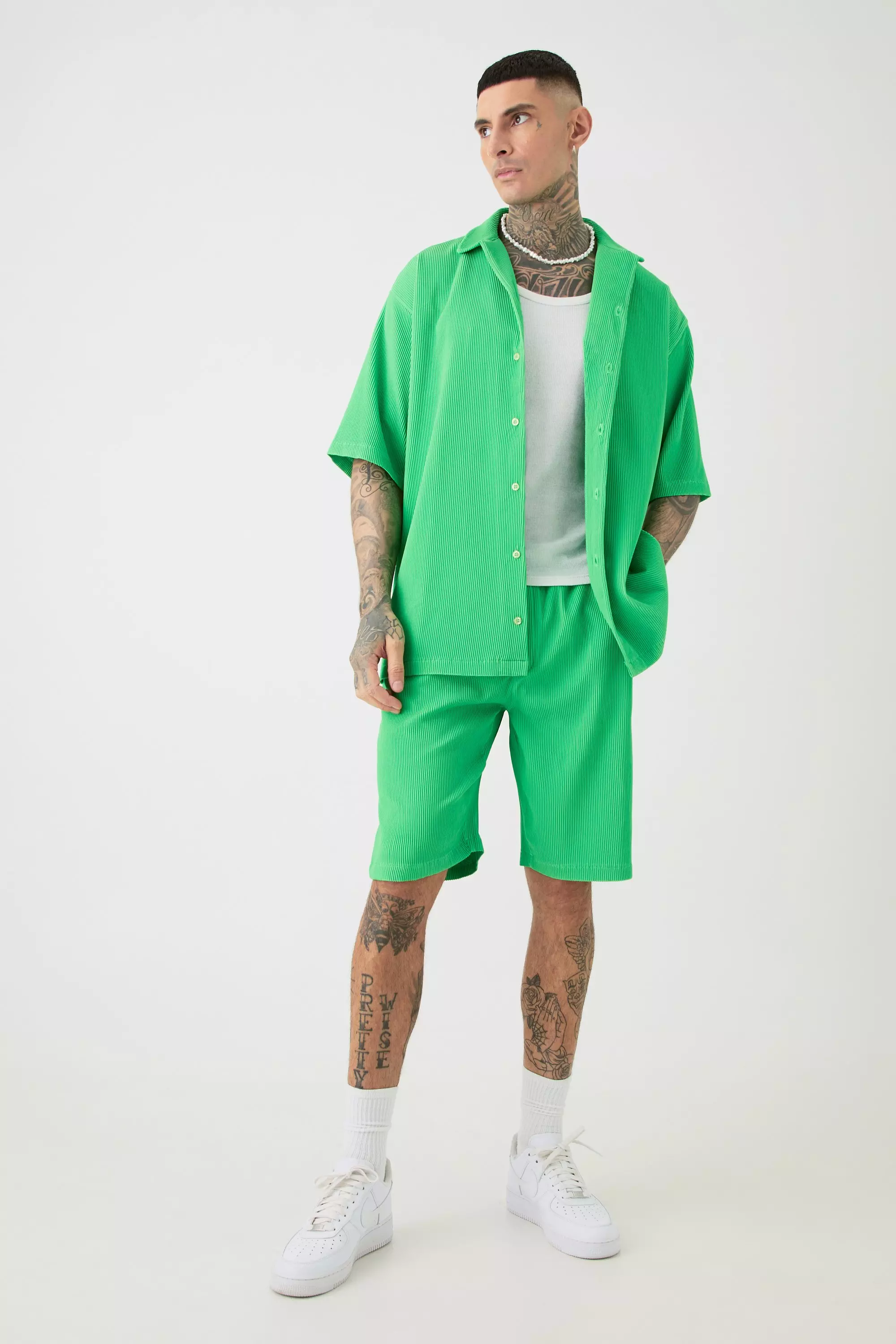 Green Tall Oversized Short Sleeve Pleated Shirt & Short In Green